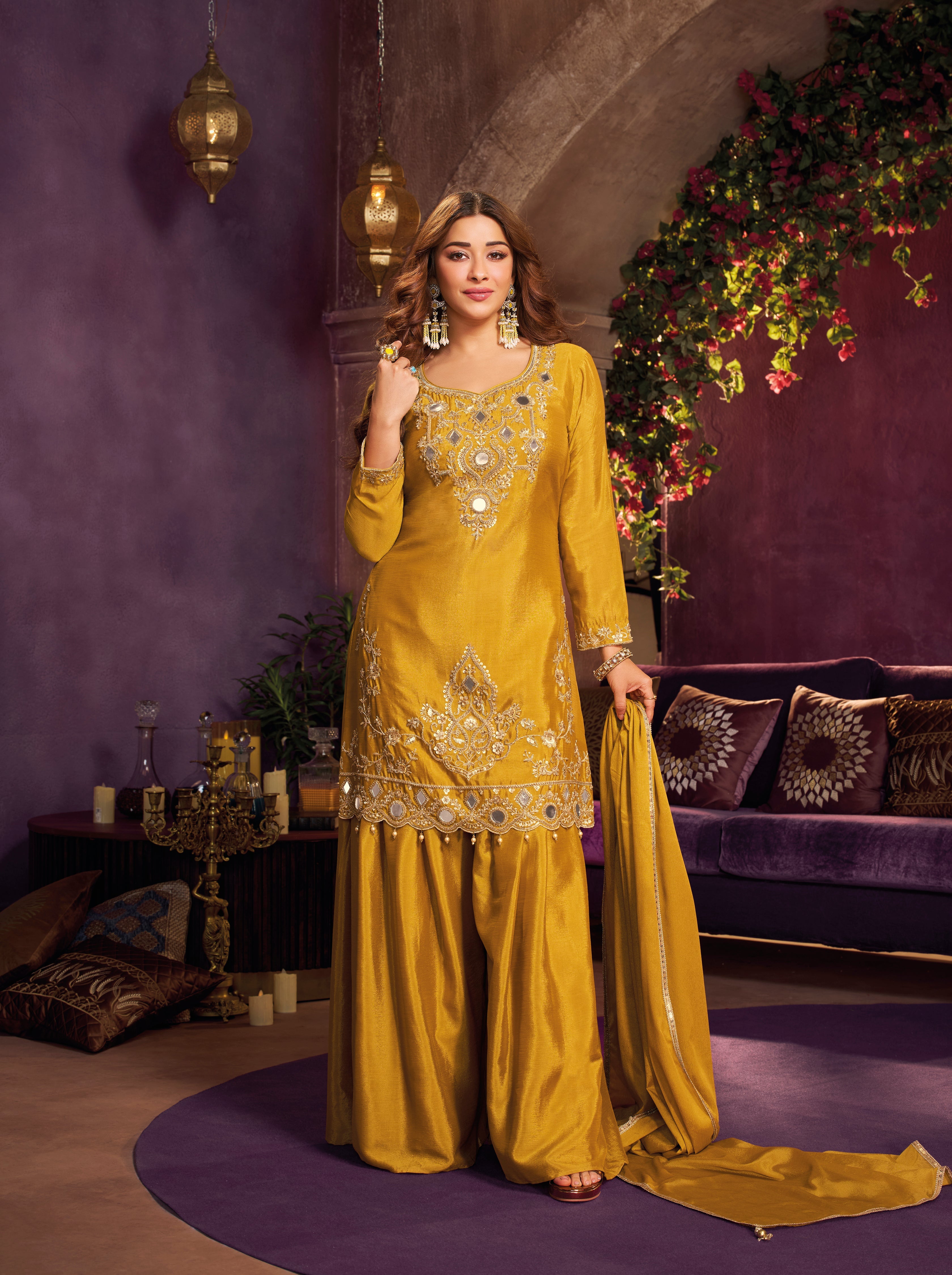 Mustard Yellow Embellished Chinon Silk Palazzo Set