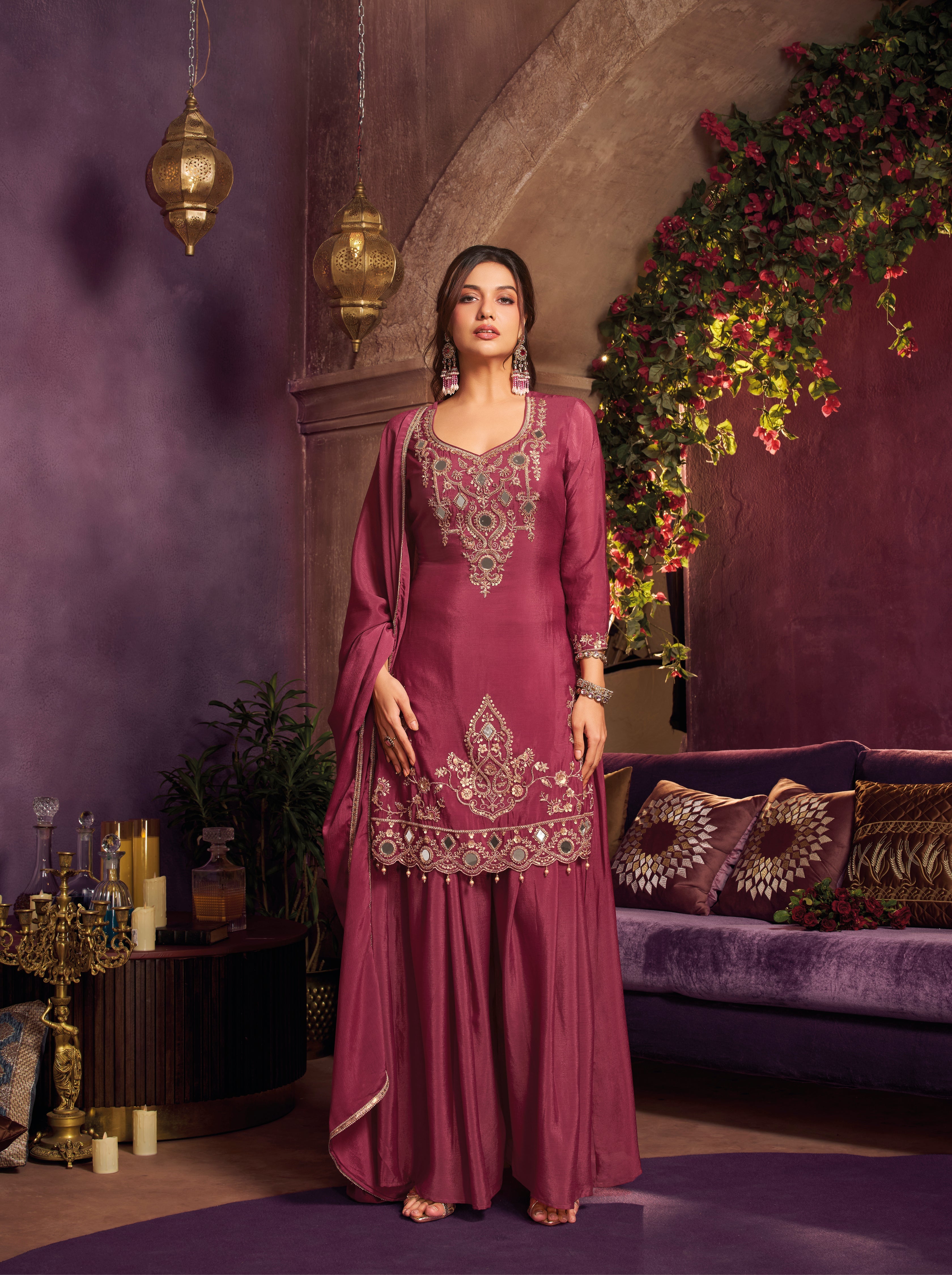 Cherry Wine Embellished Chinon Silk Palazzo Set