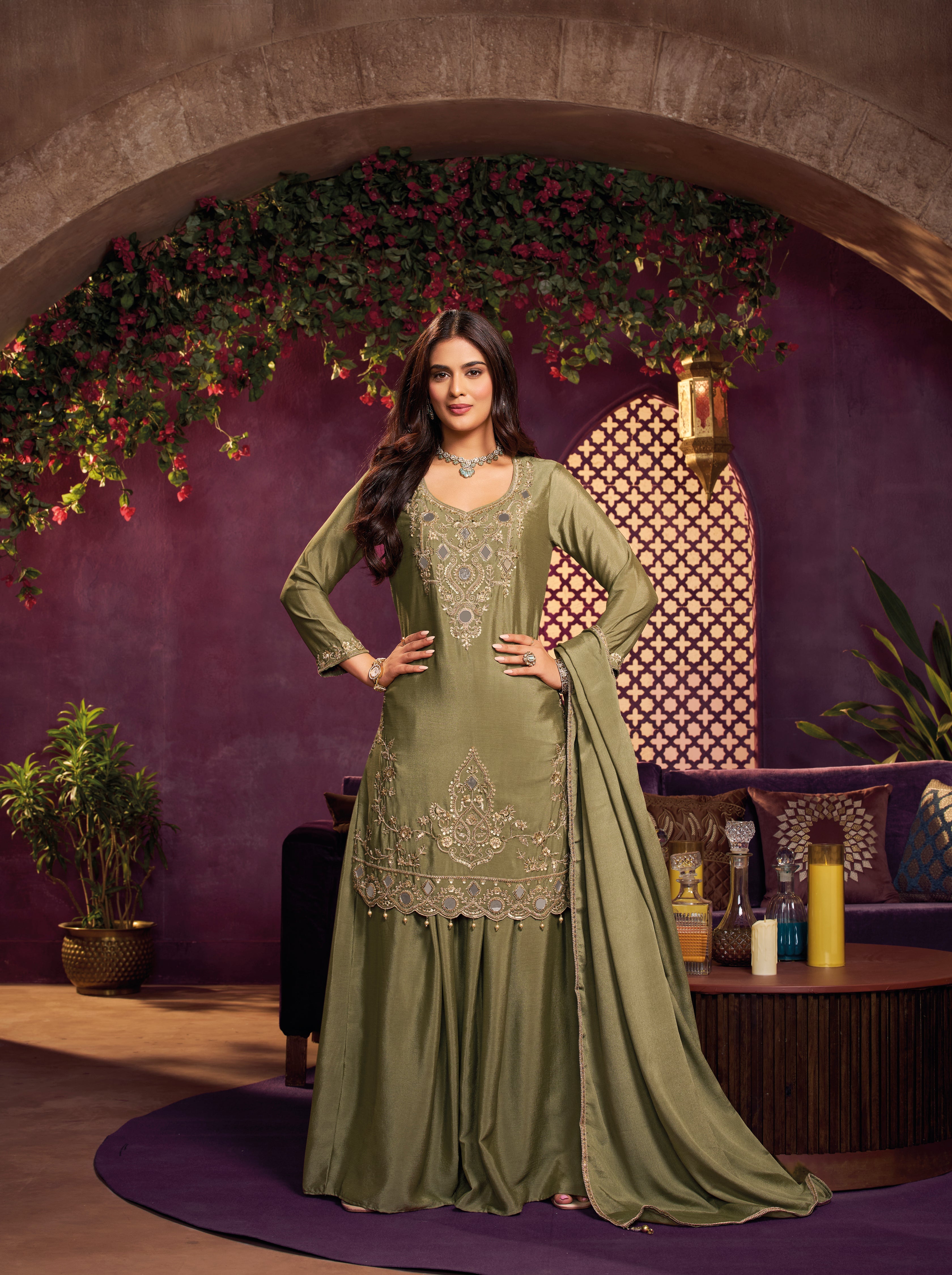 Sage Olive Embellished Chinon Silk Palazzo Set
