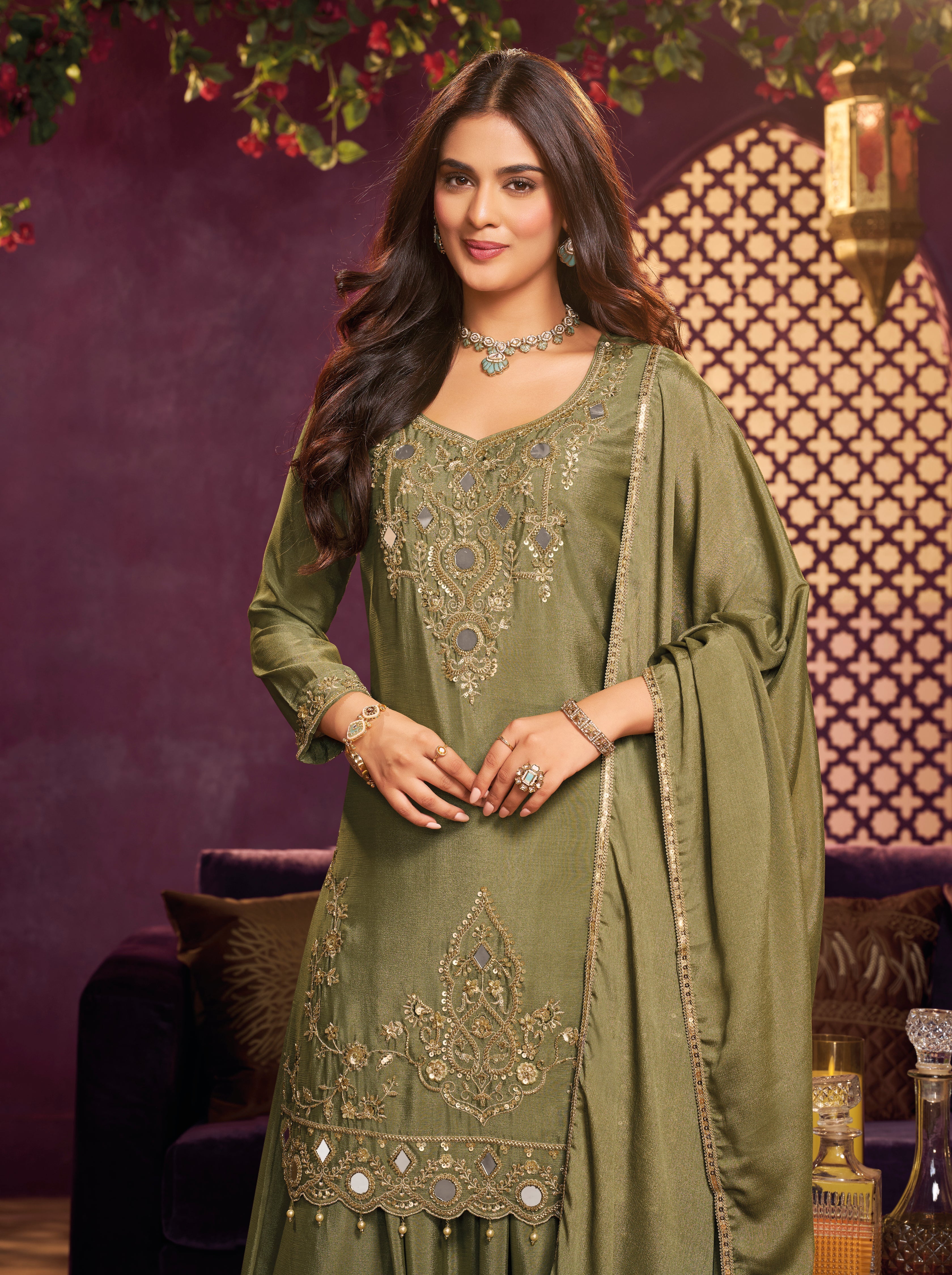 Sage Olive Embellished Chinon Silk Palazzo Set