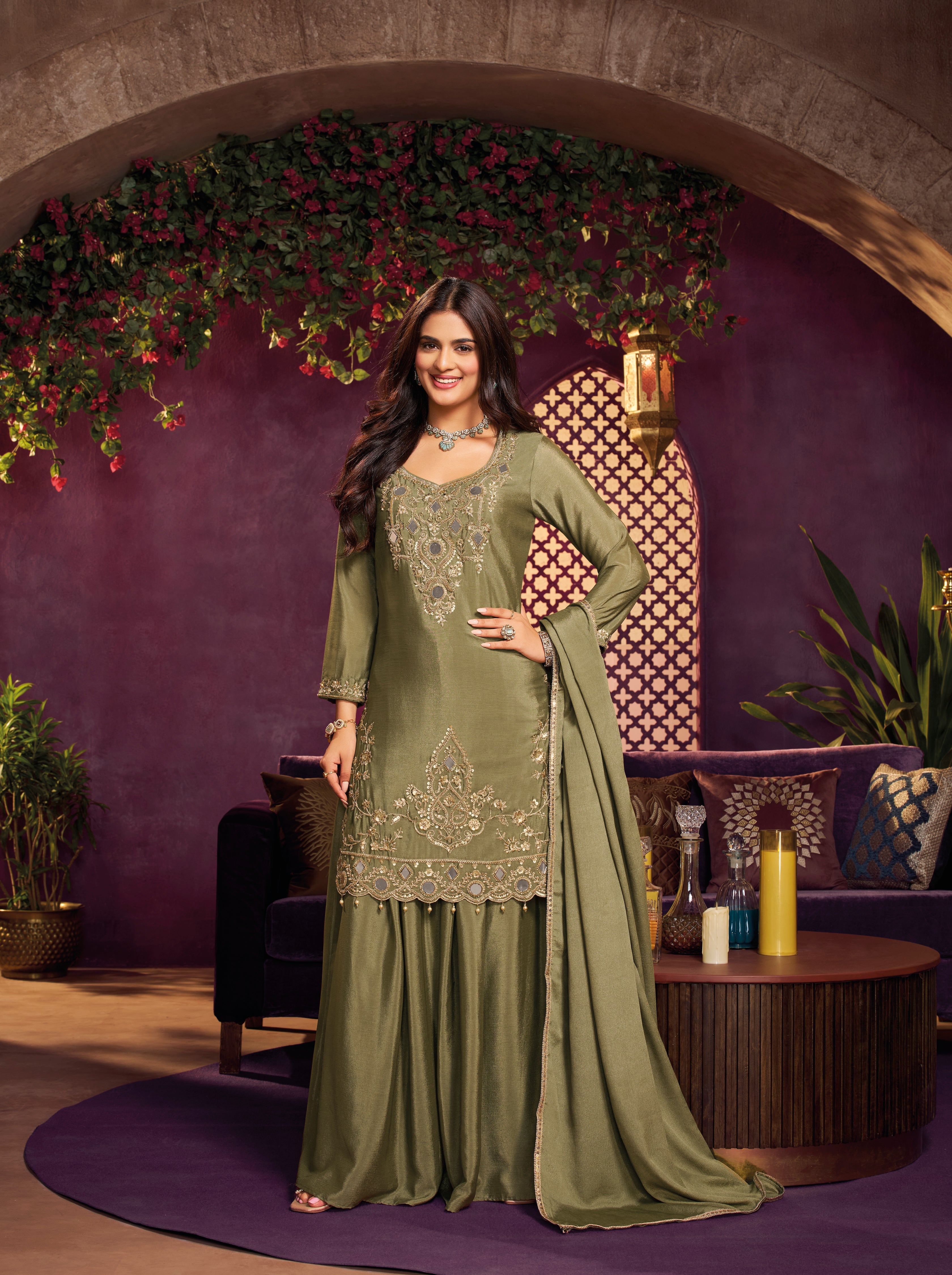 Sage Olive Embellished Chinon Silk Palazzo Set