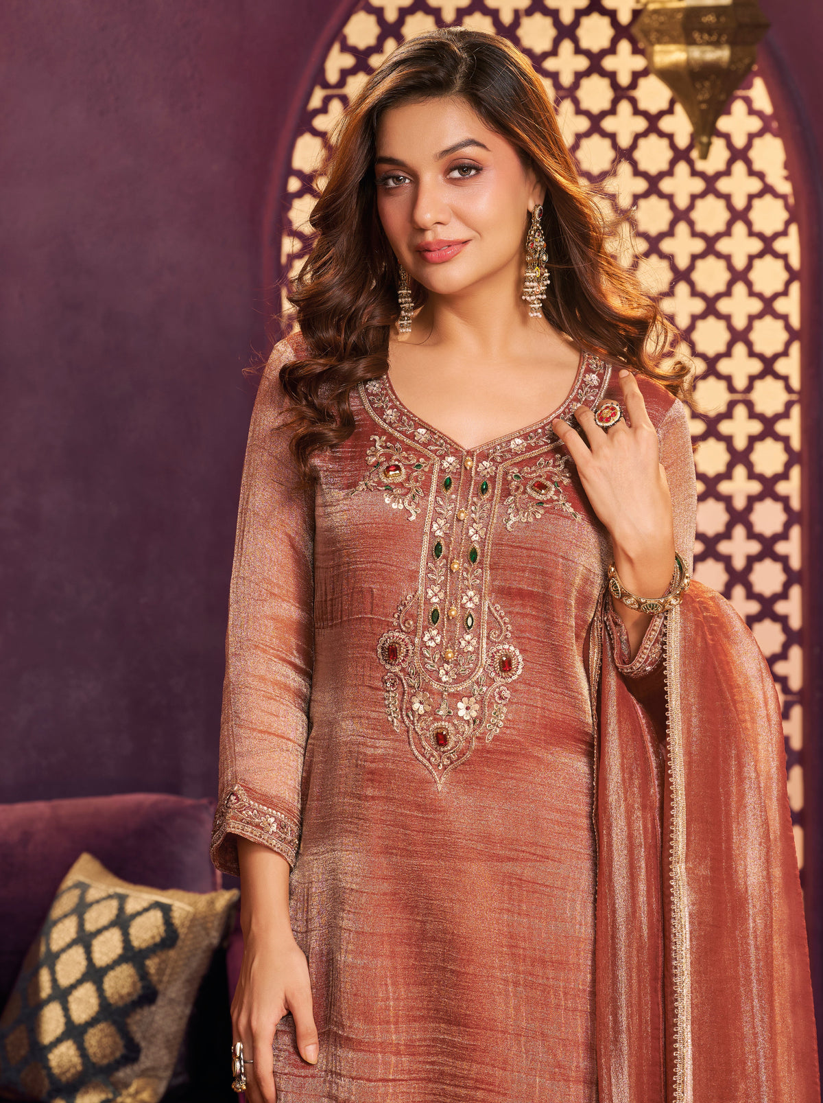 Light Rust Embellished Shimmer Tissue Farsi Salwar Set