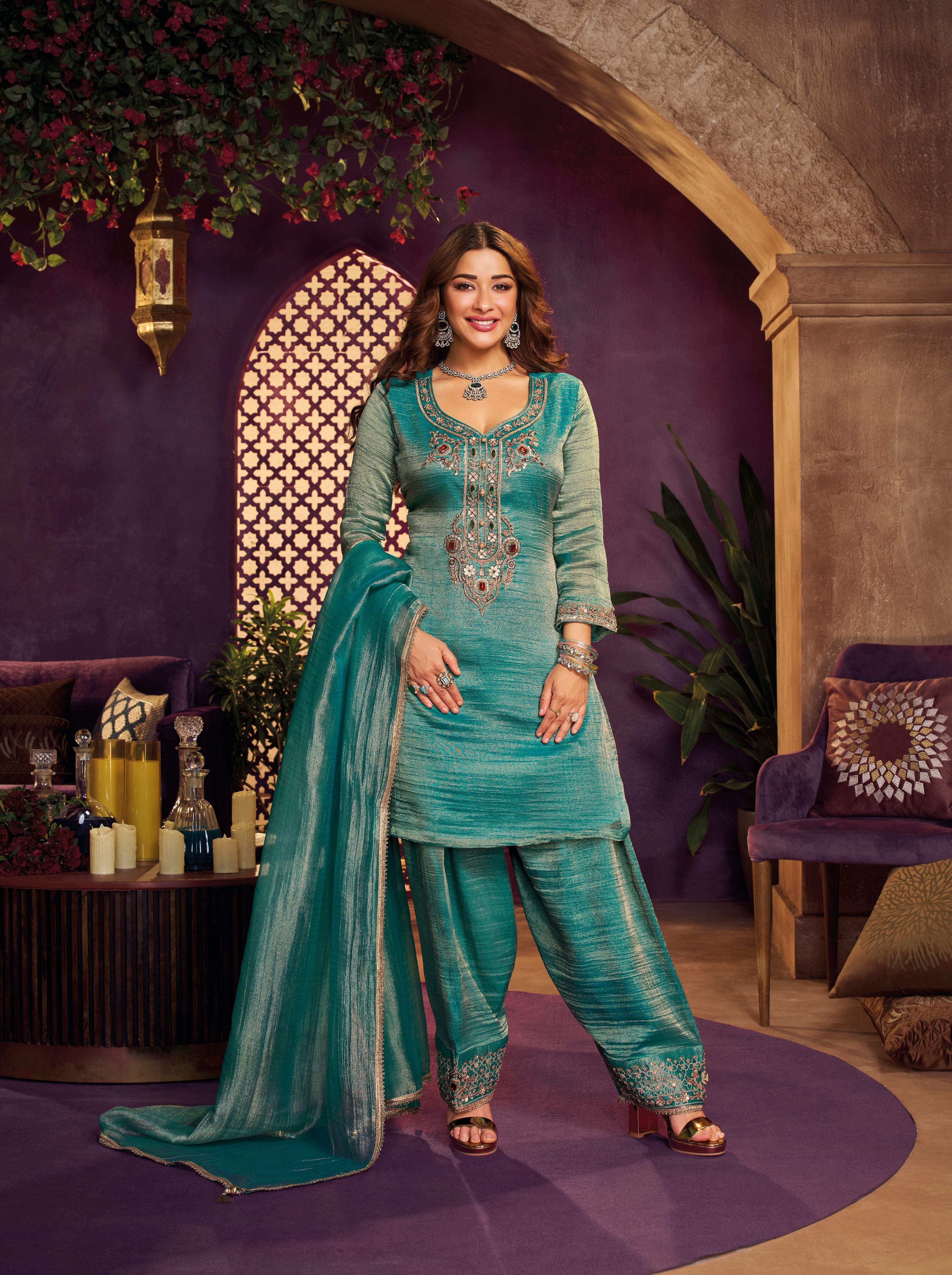 Light Teal Embellished Shimmer Tissue Farsi Salwar Set