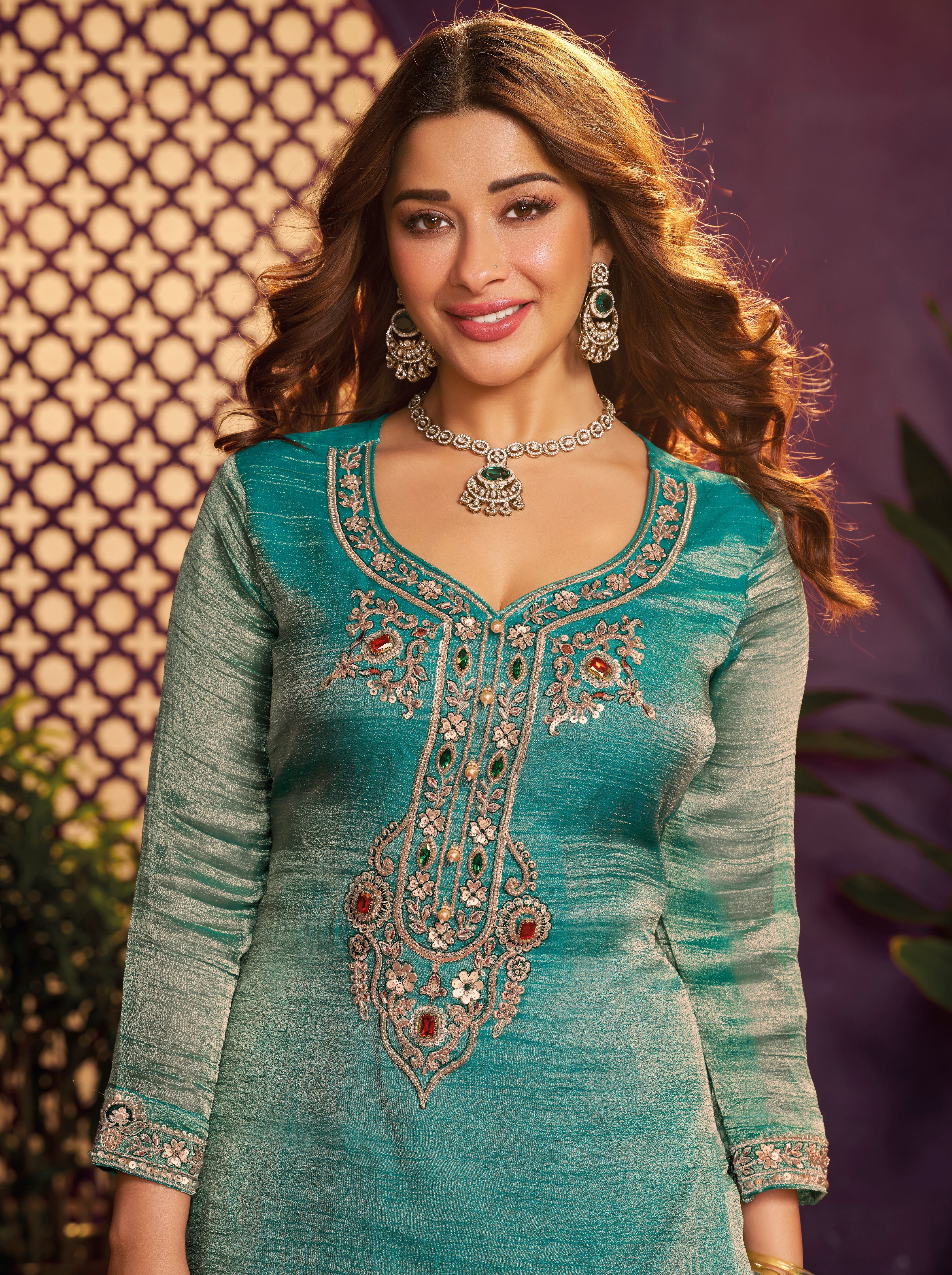 Light Teal Embellished Shimmer Tissue Farsi Salwar Set