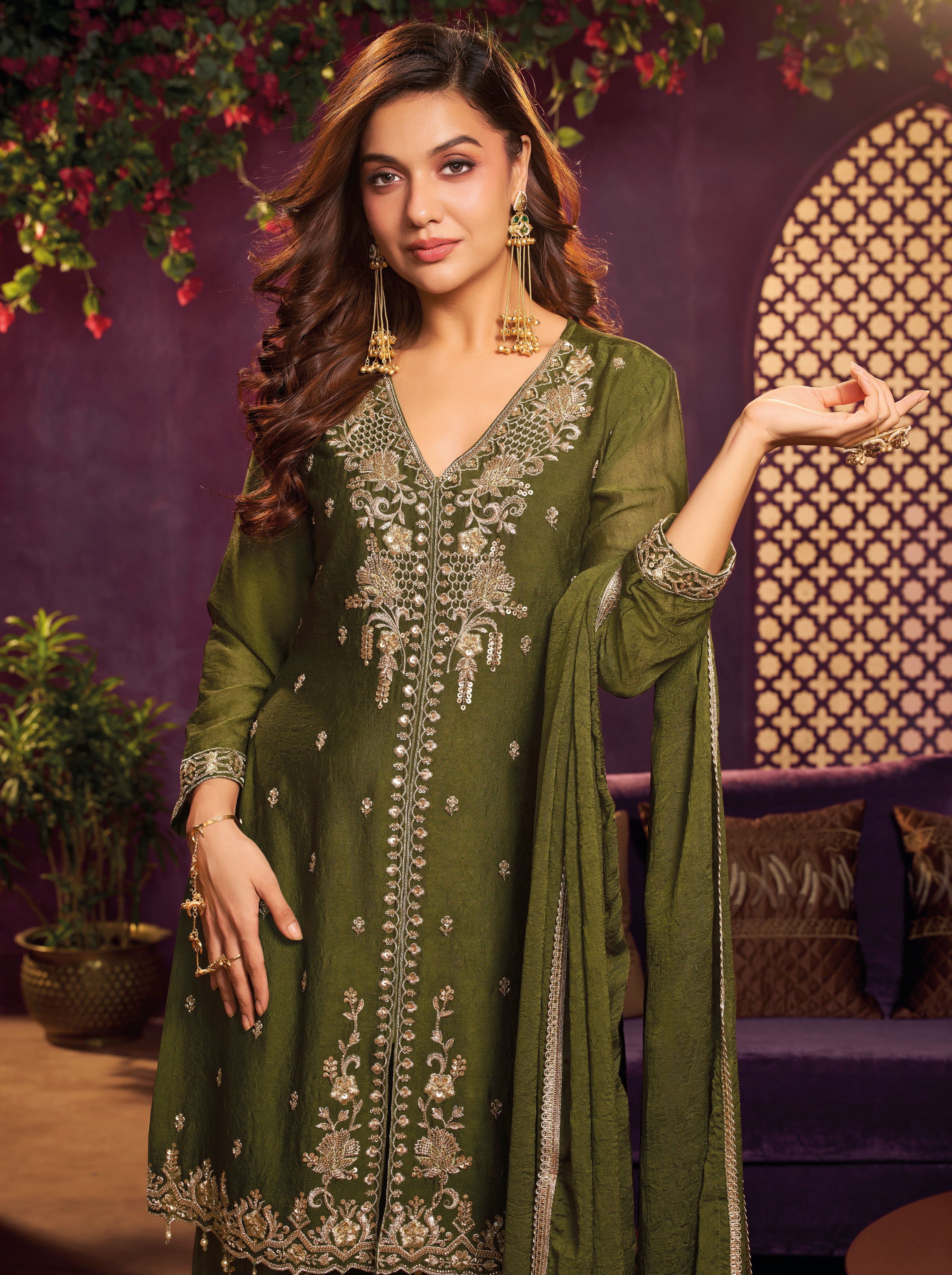 Mehendi Green Embellished Crushed Silk Sharara Set
