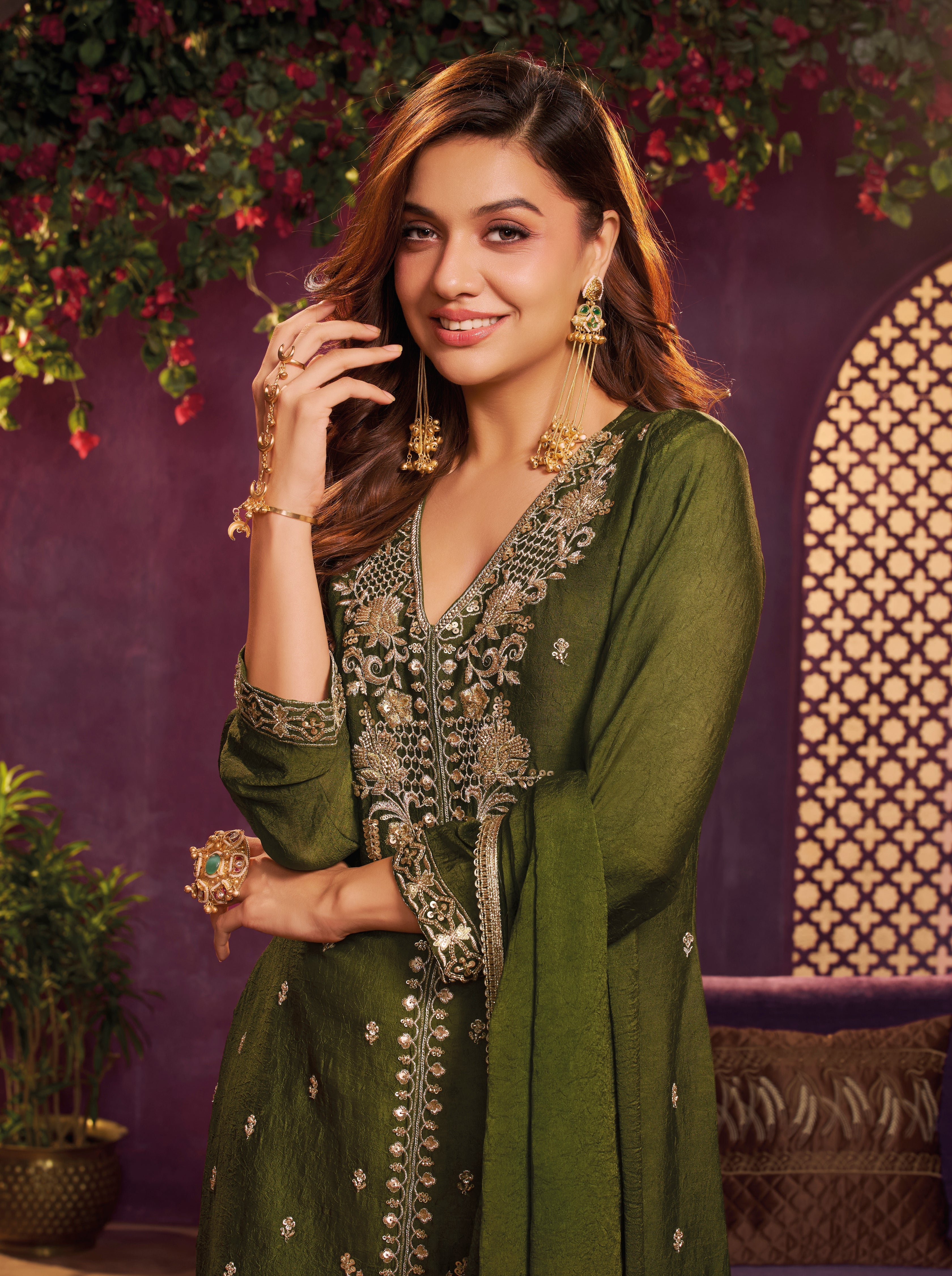 Mehendi Green Embellished Crushed Silk Sharara Set
