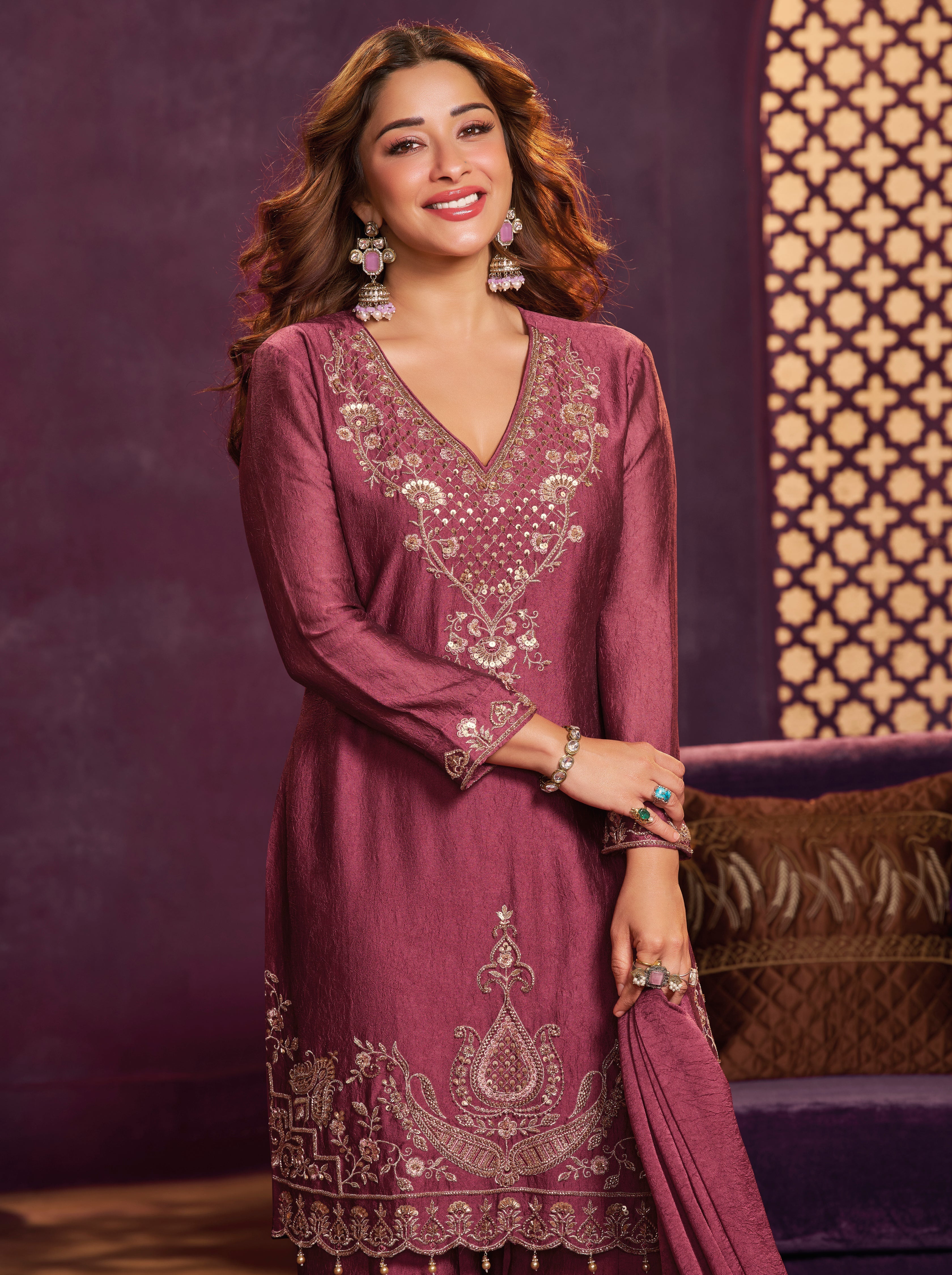 Camelia Pink Embellished Crushed Silk Sharara Set