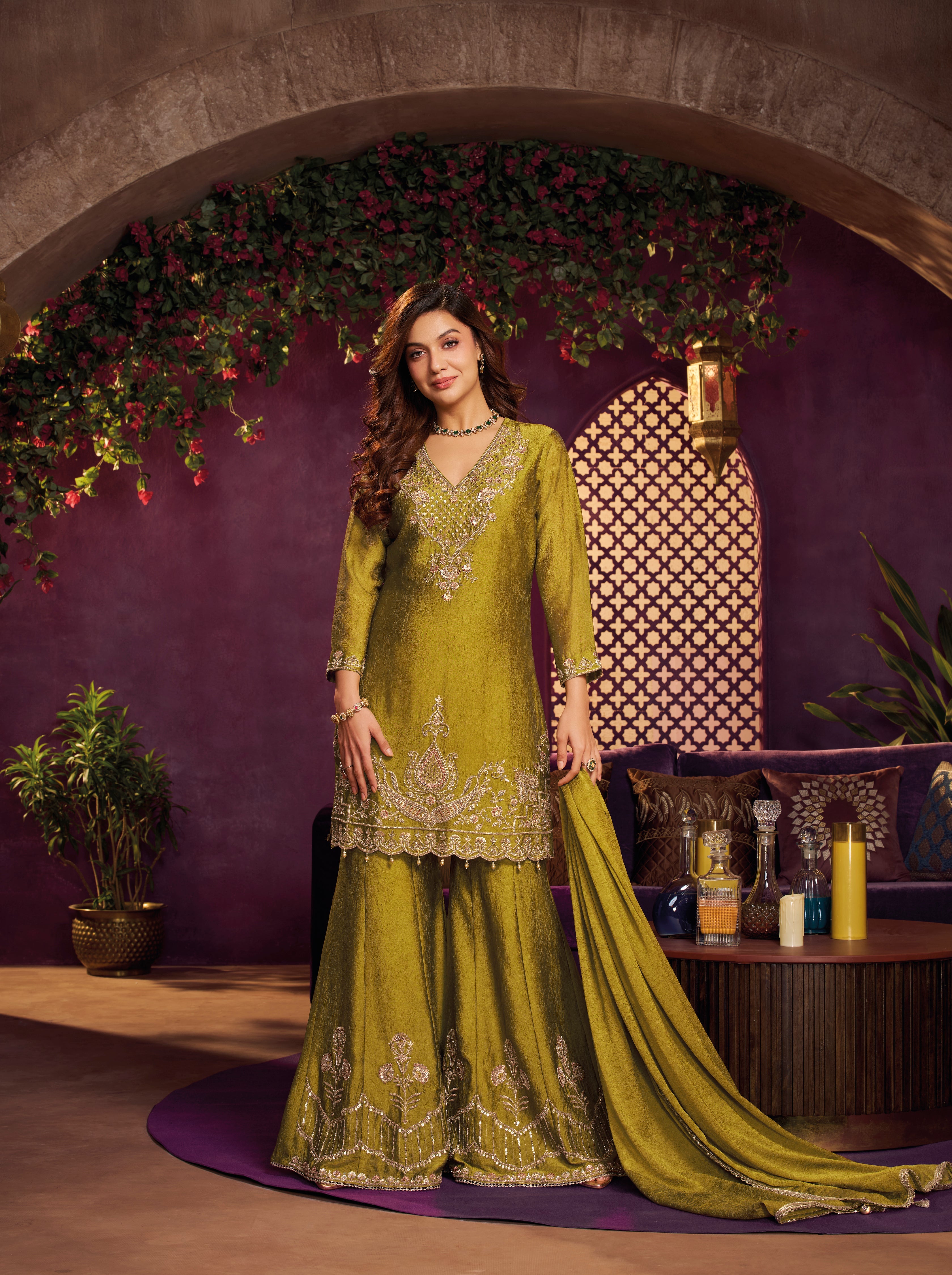 Olive Yellow Embellished Crushed Silk Sharara Set