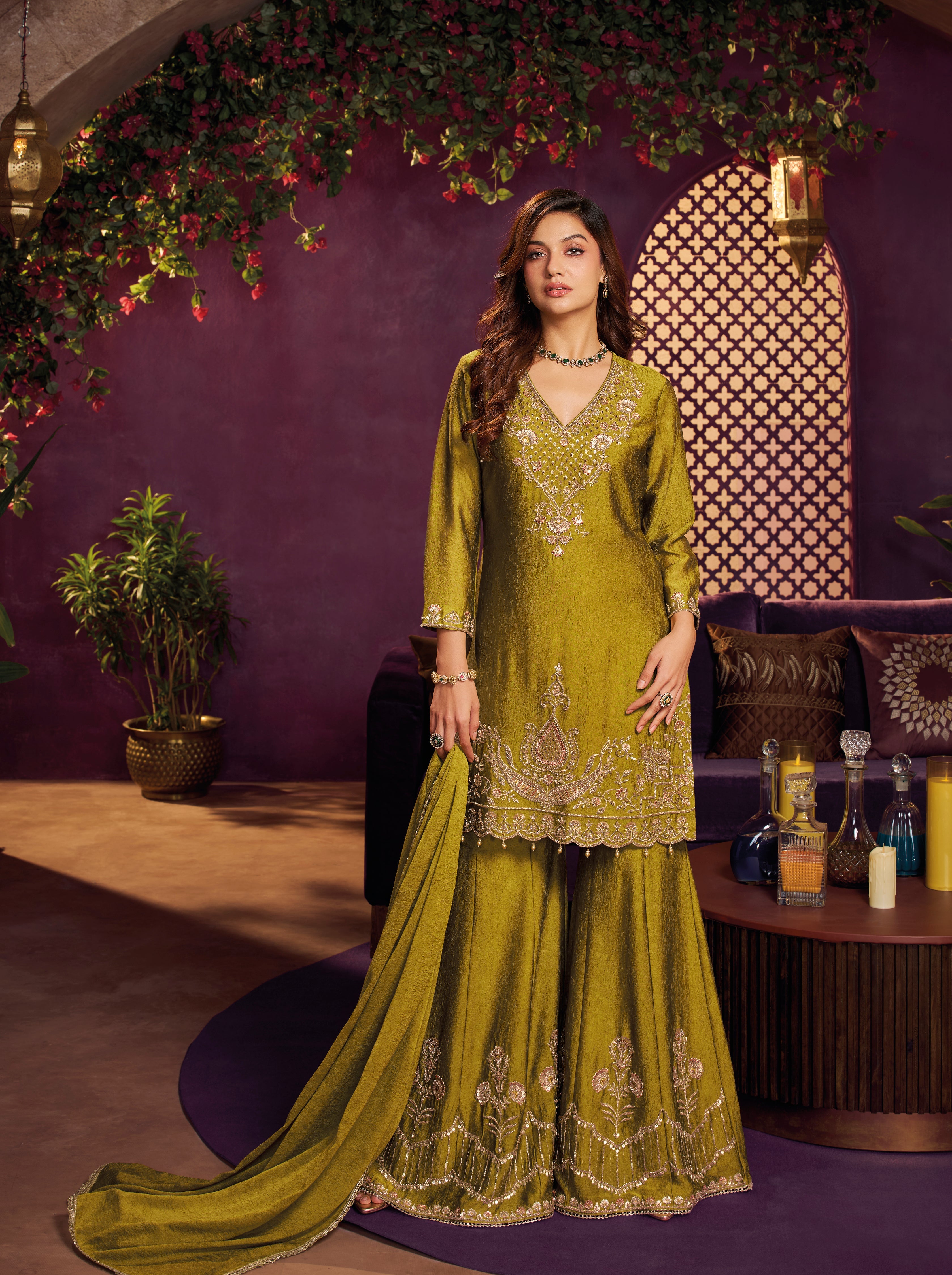 Olive Yellow Embellished Crushed Silk Sharara Set