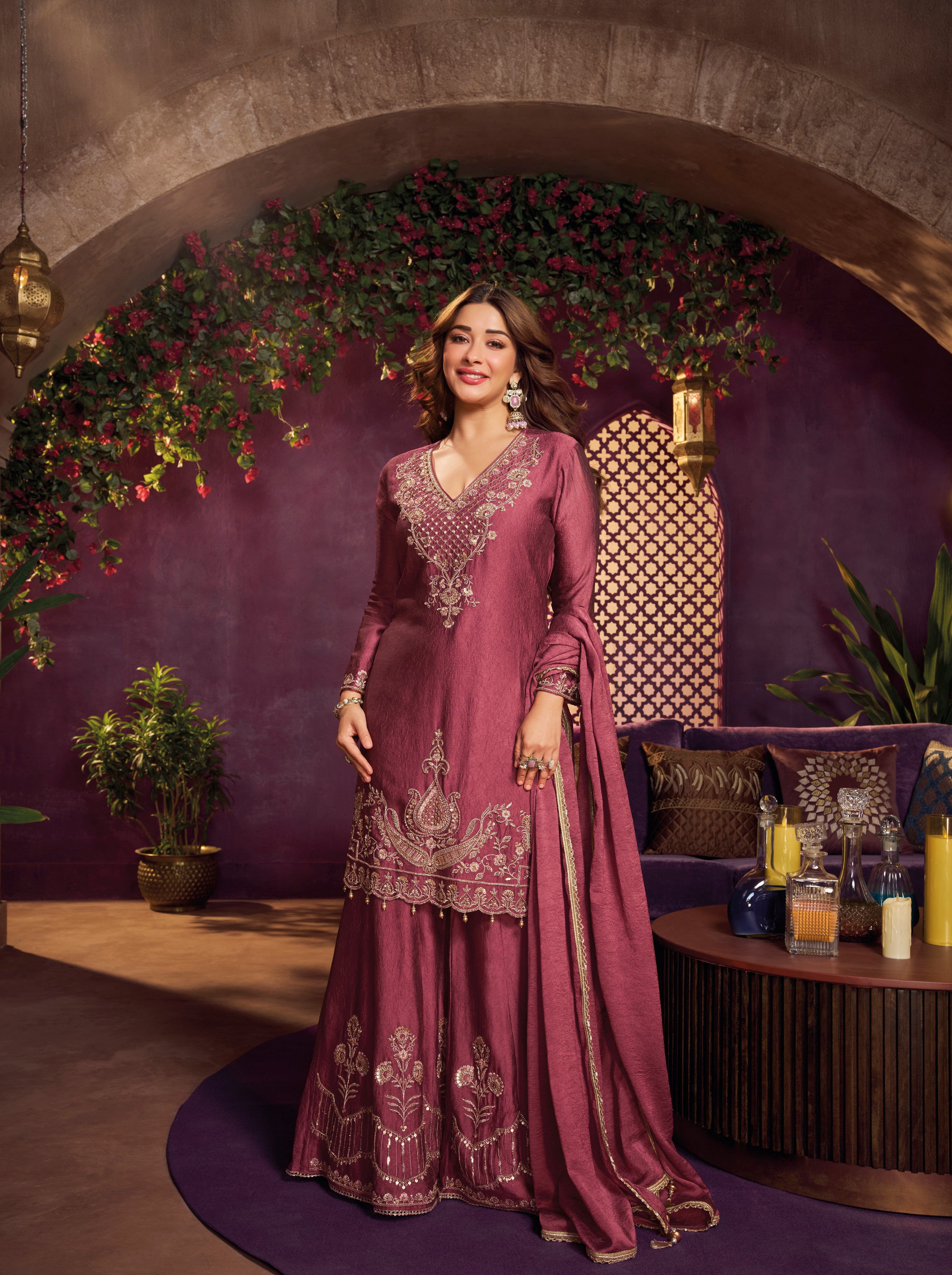 Camelia Pink Embellished Crushed Silk Sharara Set