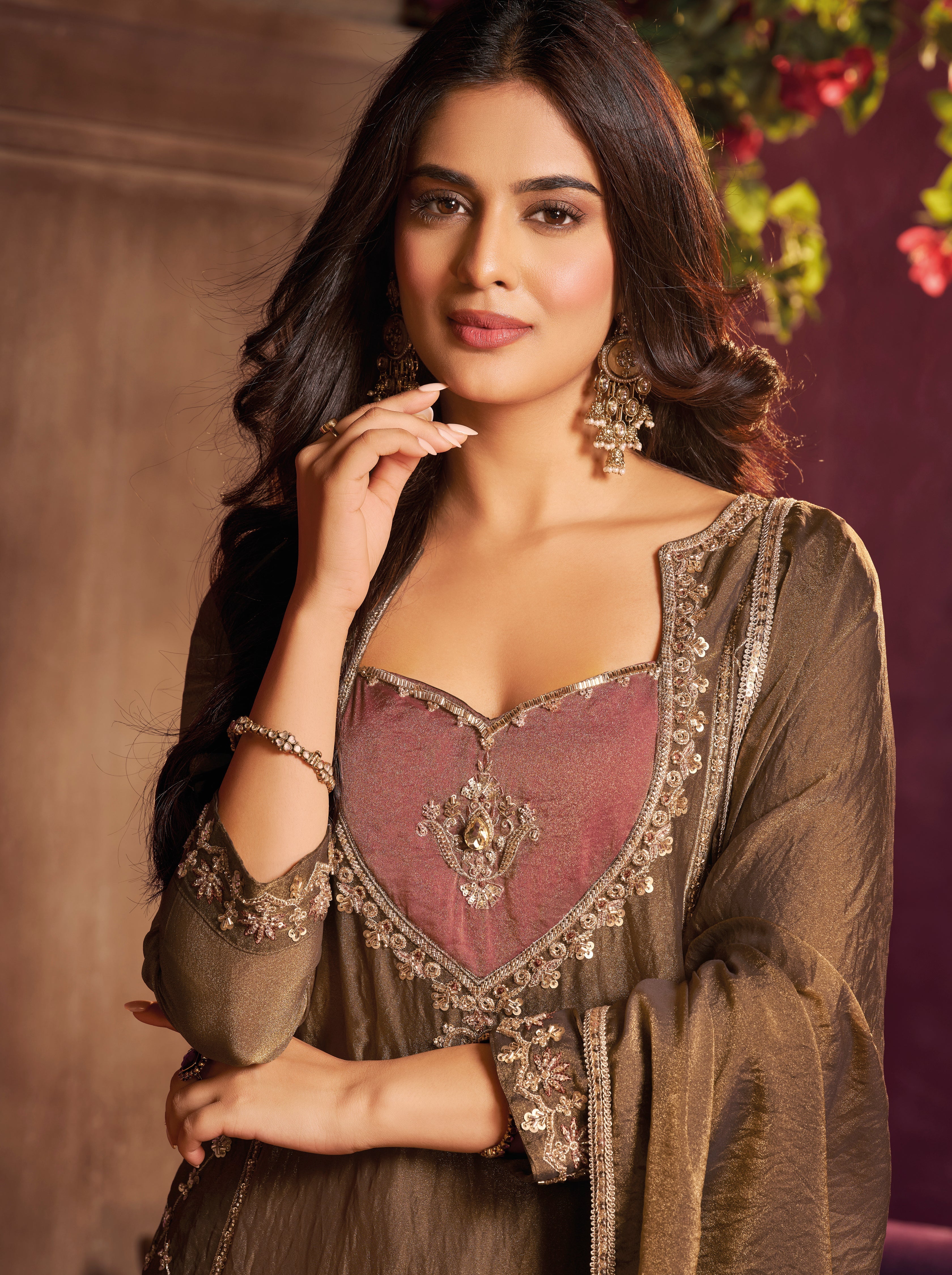 Metallic Coffee Embellished Organza Silk Palazzo Set