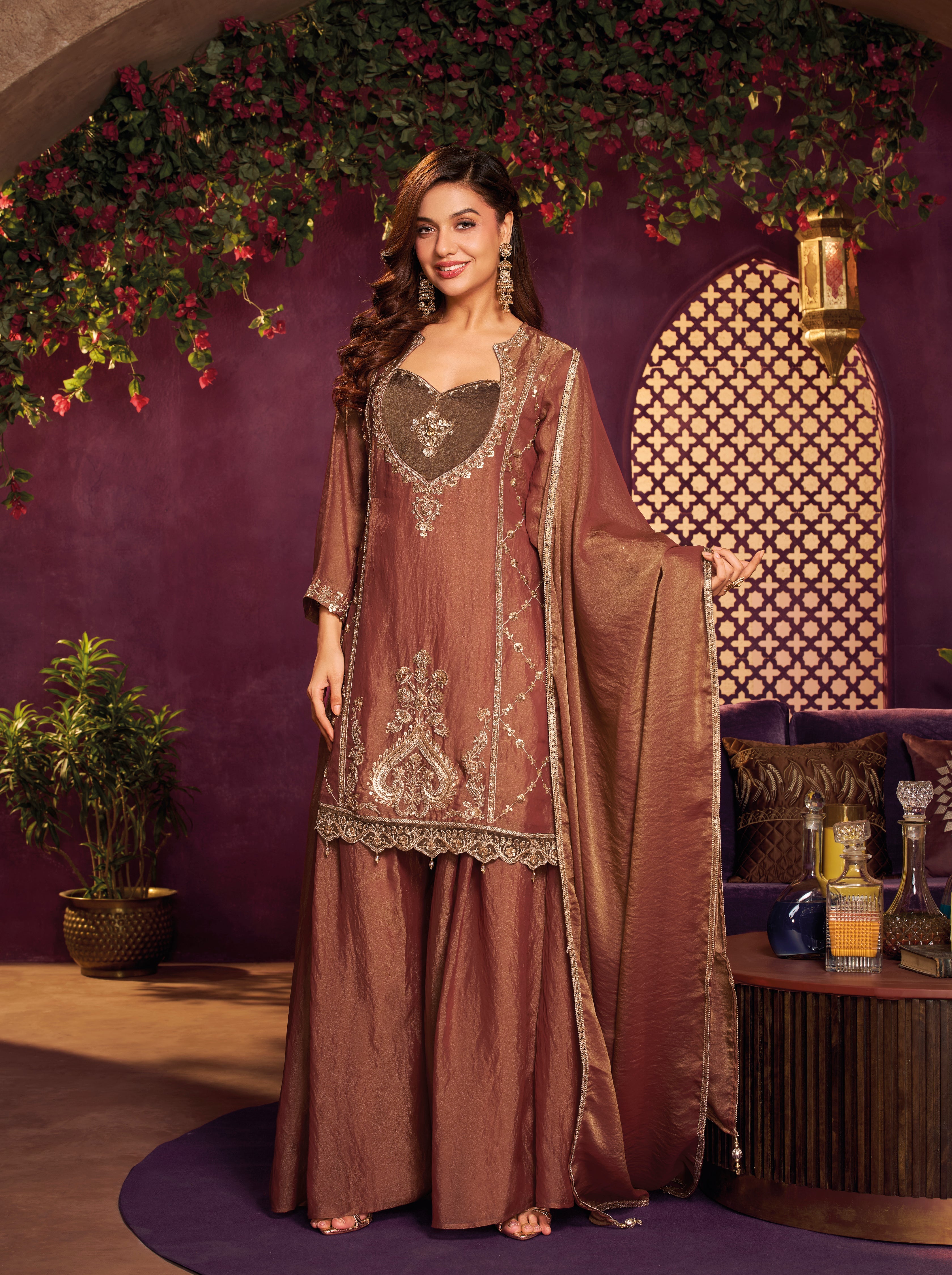 Metallic Rust Embellished Organza Silk Palazzo Set