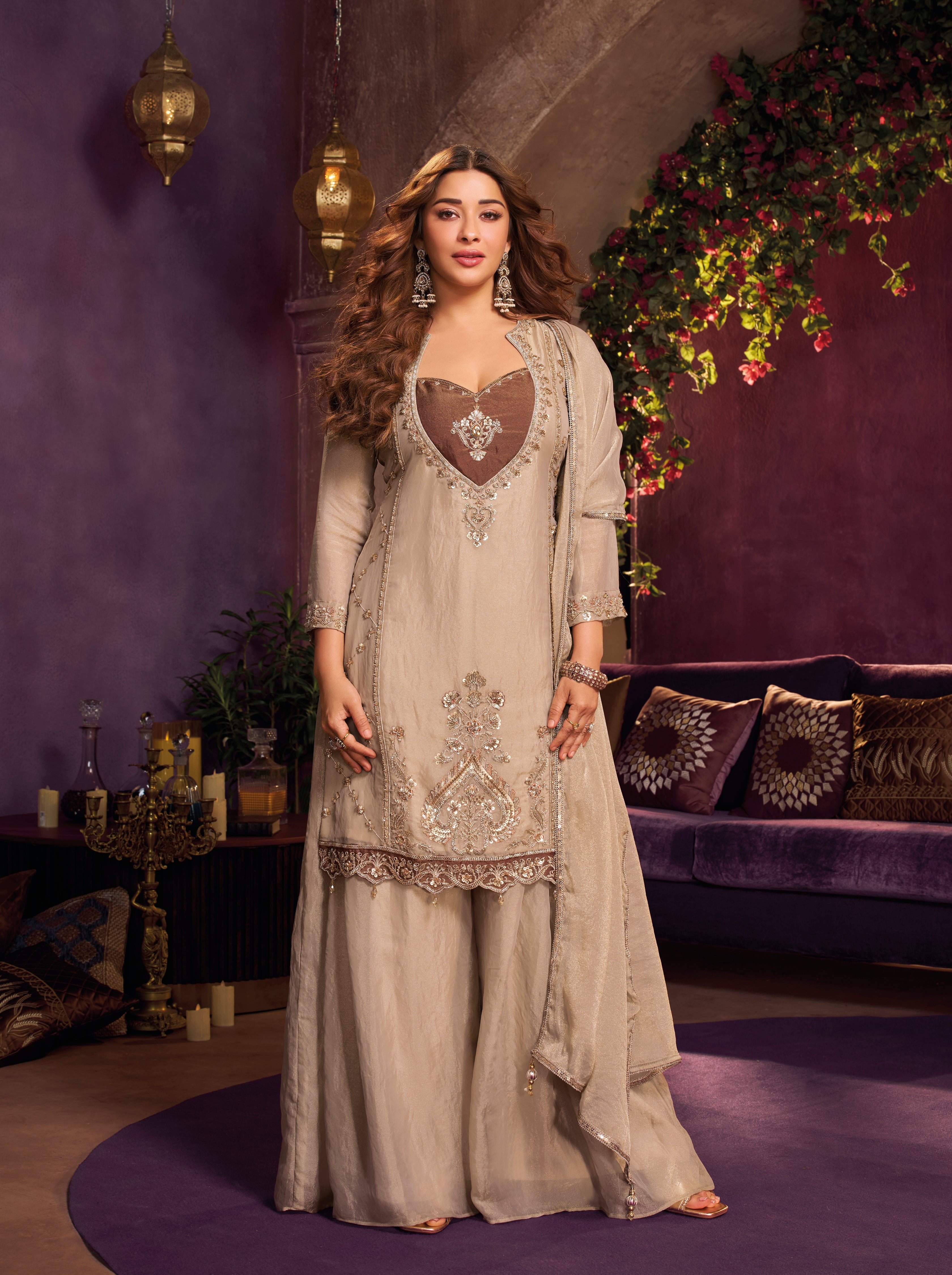 Metallic Taupe Embellished Organza Silk Palazzo Set