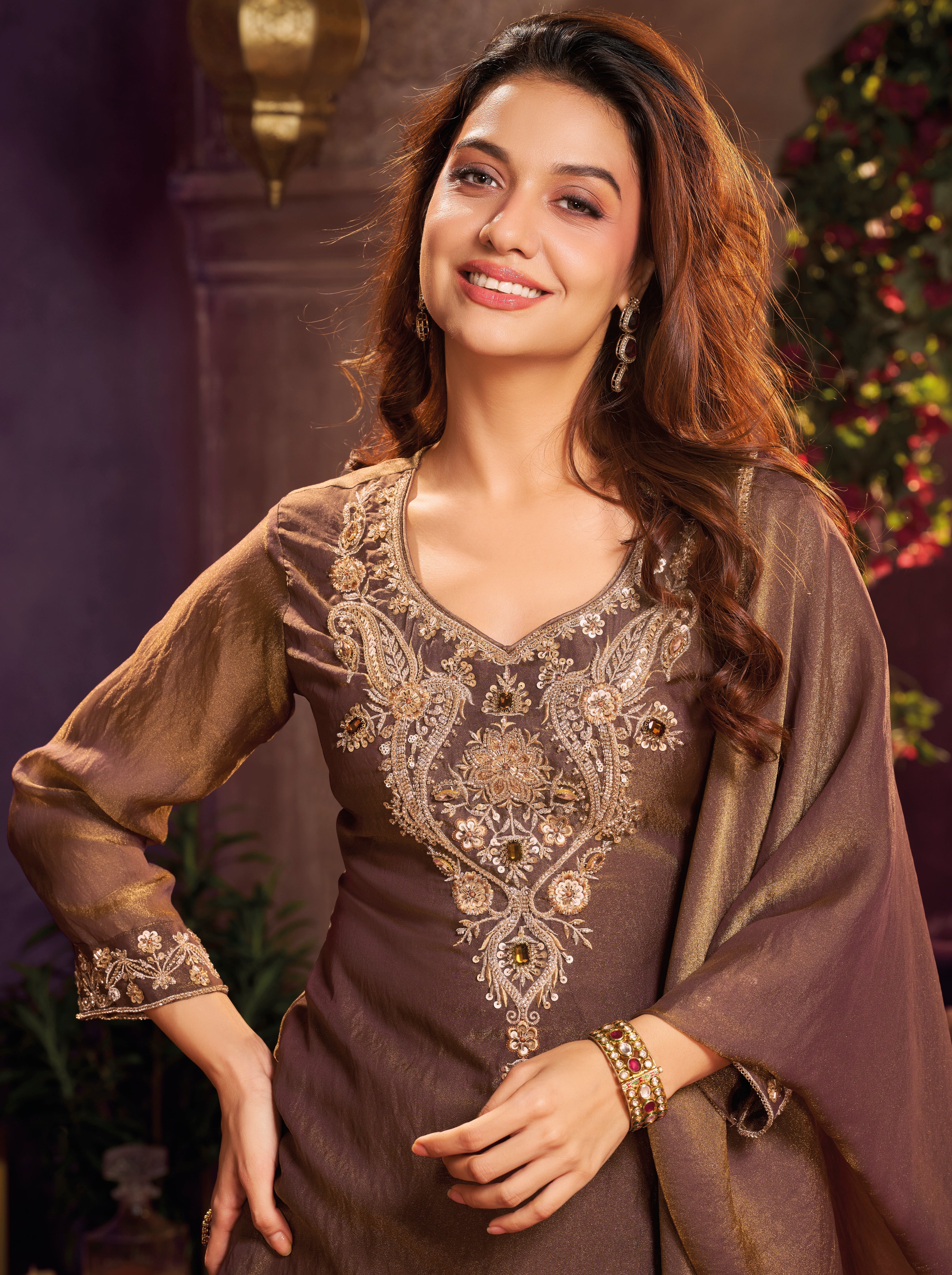 Mocha Brown Embellished Shimmer Tissue Silk Farsi Salwar Set