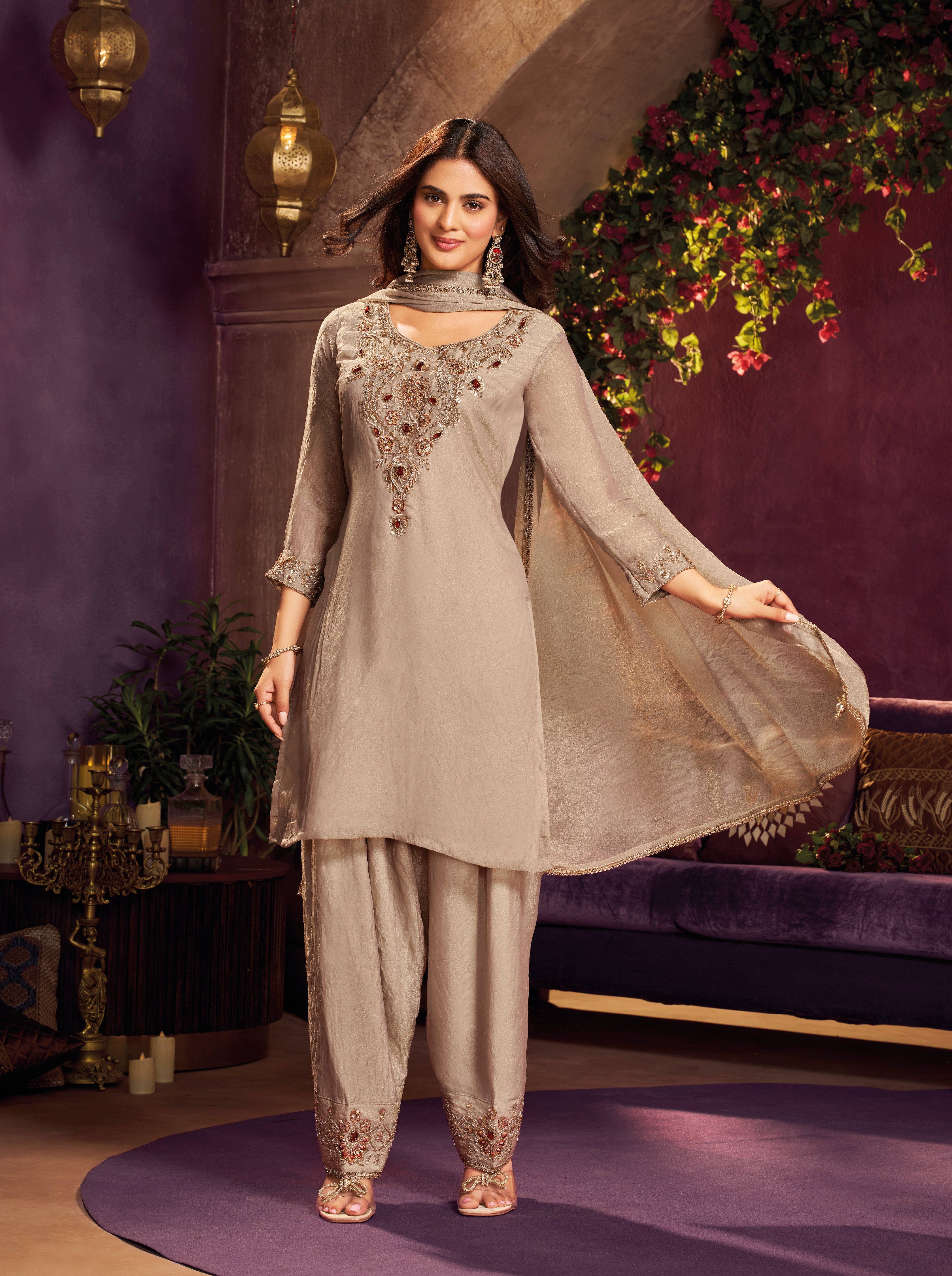 Taupe Beige Embellished Shimmer Tissue Silk Farsi Salwar Set