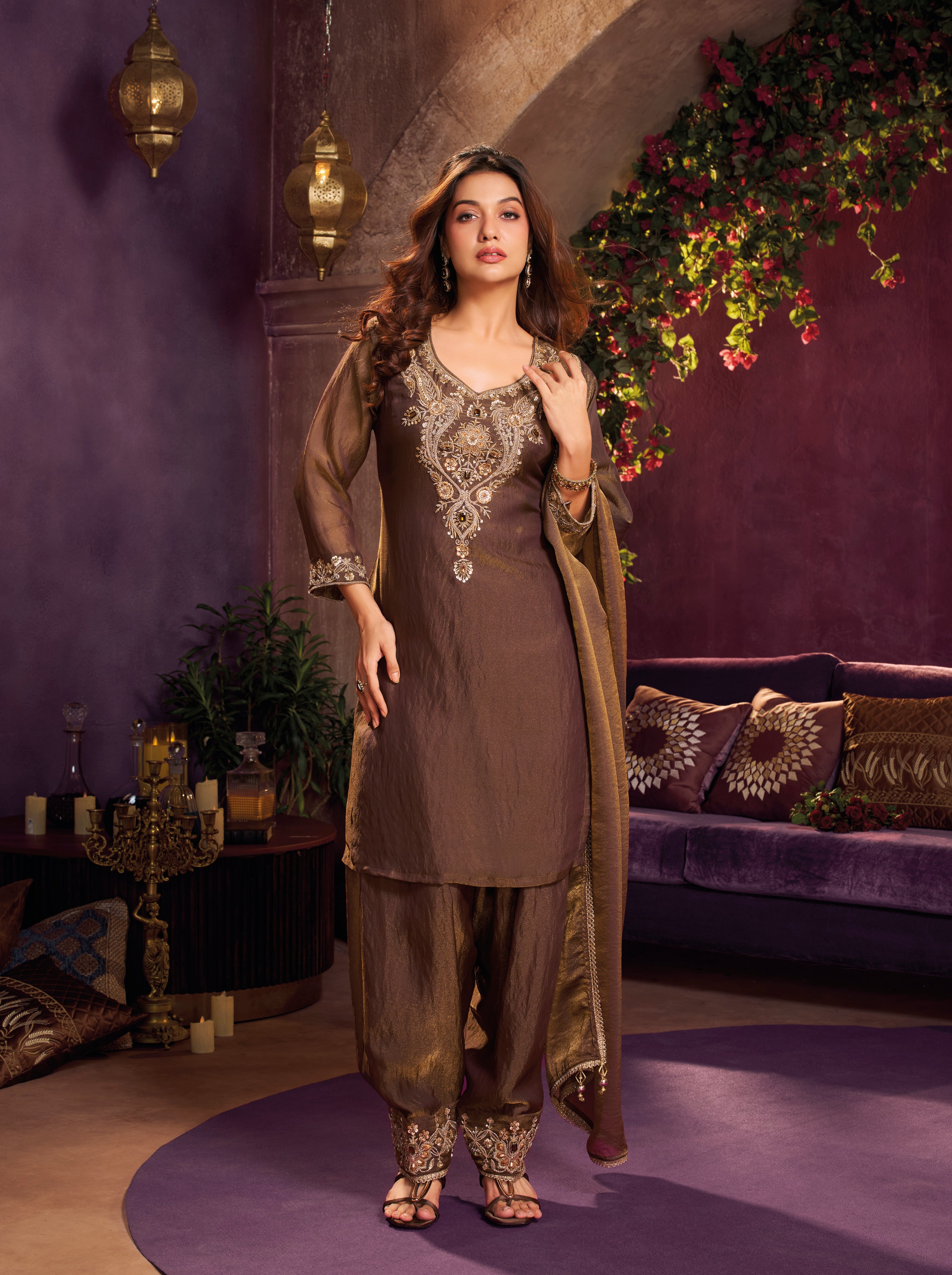 Mocha Brown Embellished Shimmer Tissue Silk Farsi Salwar Set
