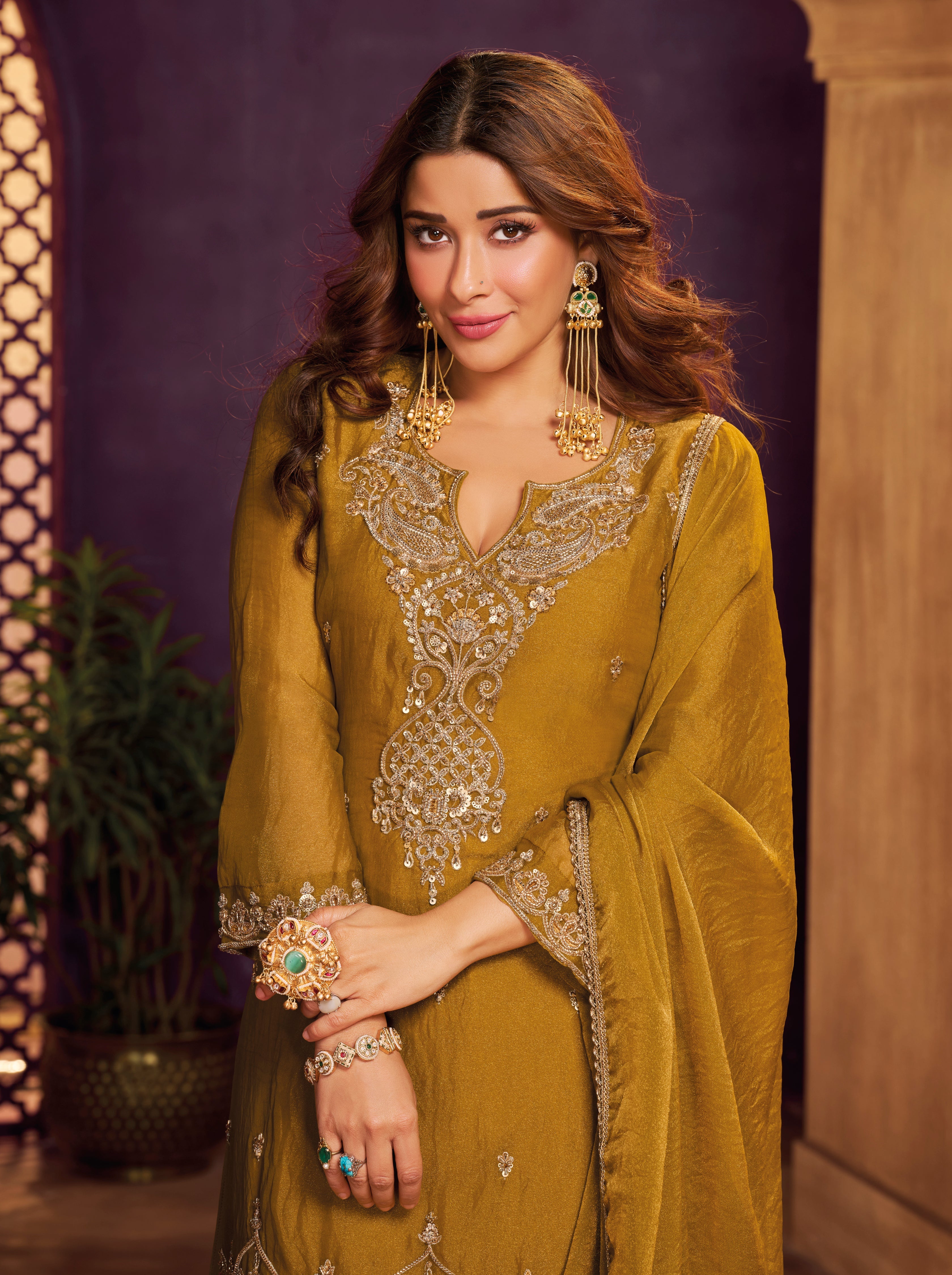 Olive Gold Embellished Organza Silk Farsi Salwar Set