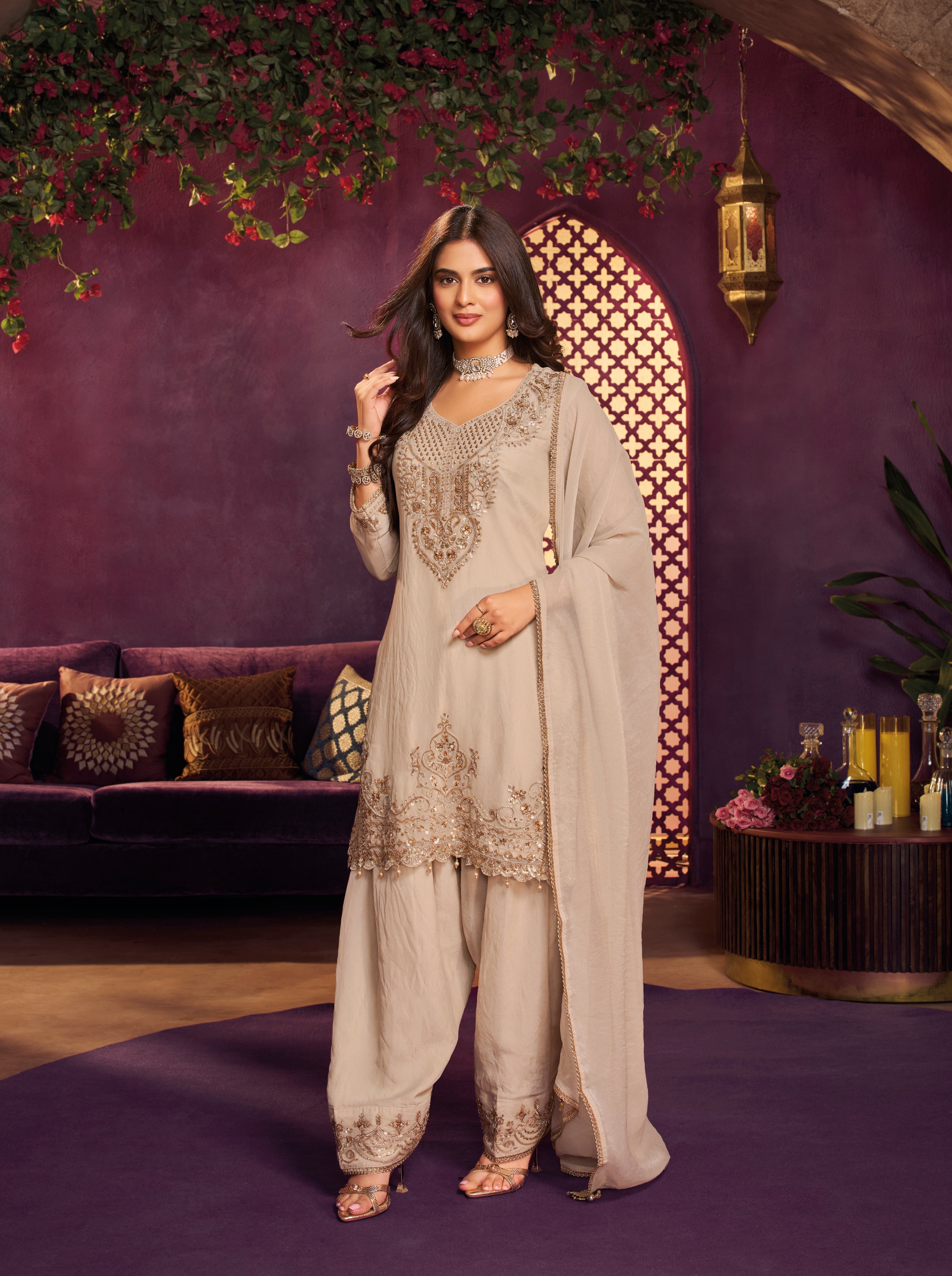 Pearl Ivory Embellished Organza Silk Farsi Salwar Set