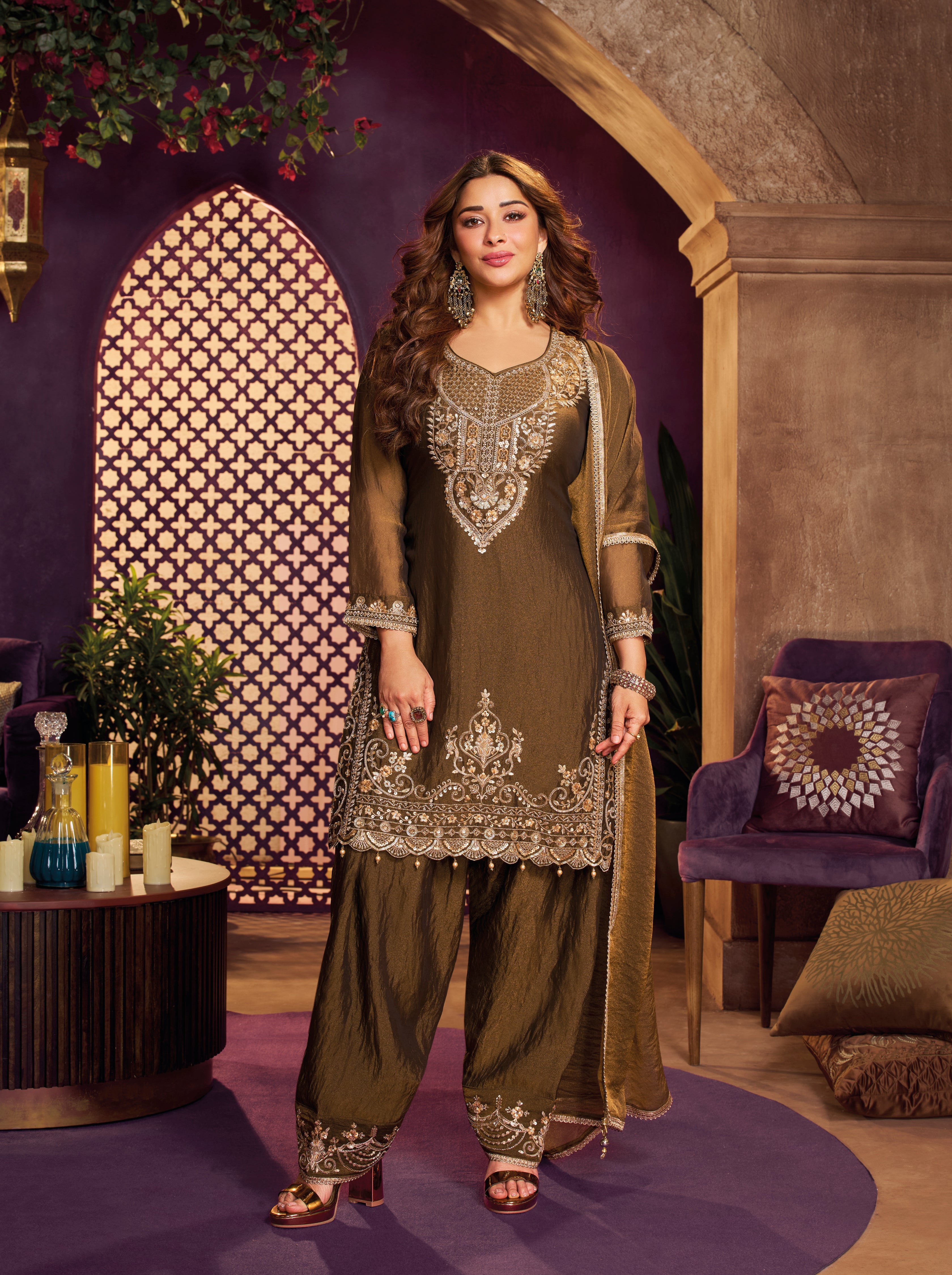 Golden Embellished Organza Silk Farsi Salwar Set