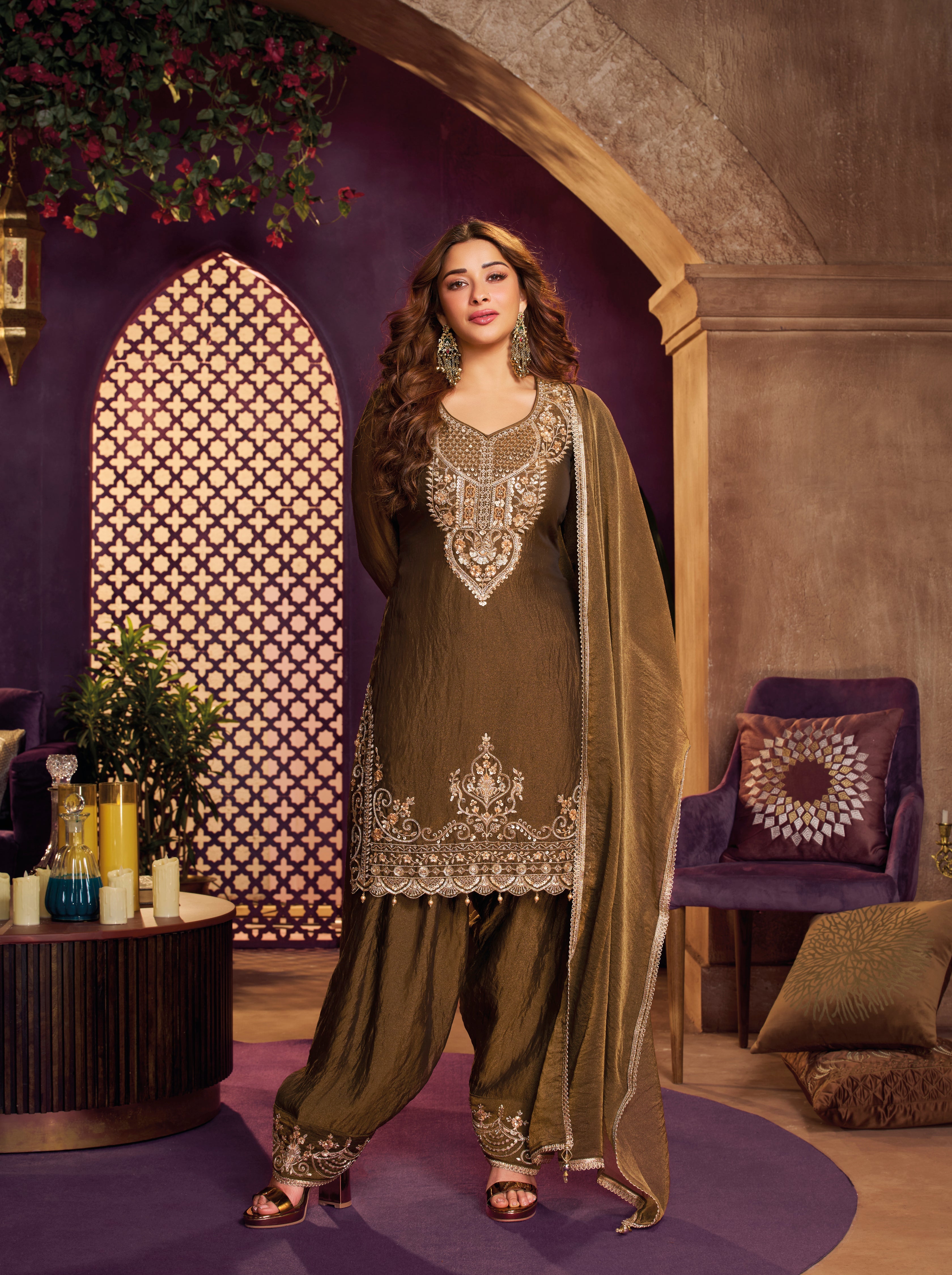 Golden Embellished Organza Silk Farsi Salwar Set