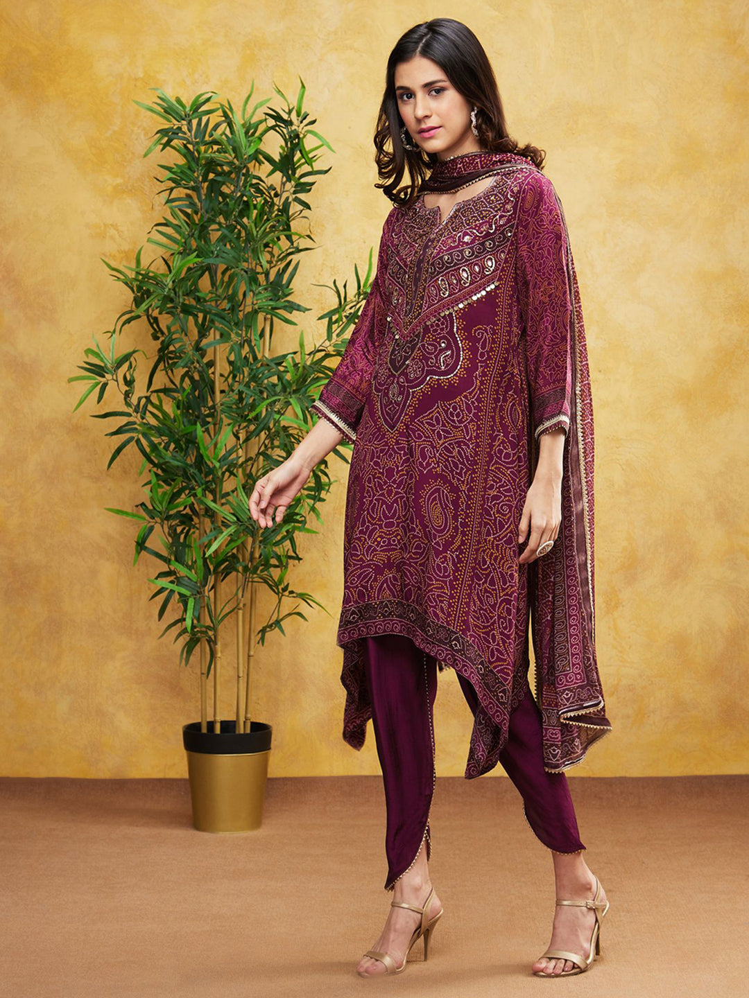 Wine Bandhej Printed Spanish Silk Dhoti Set