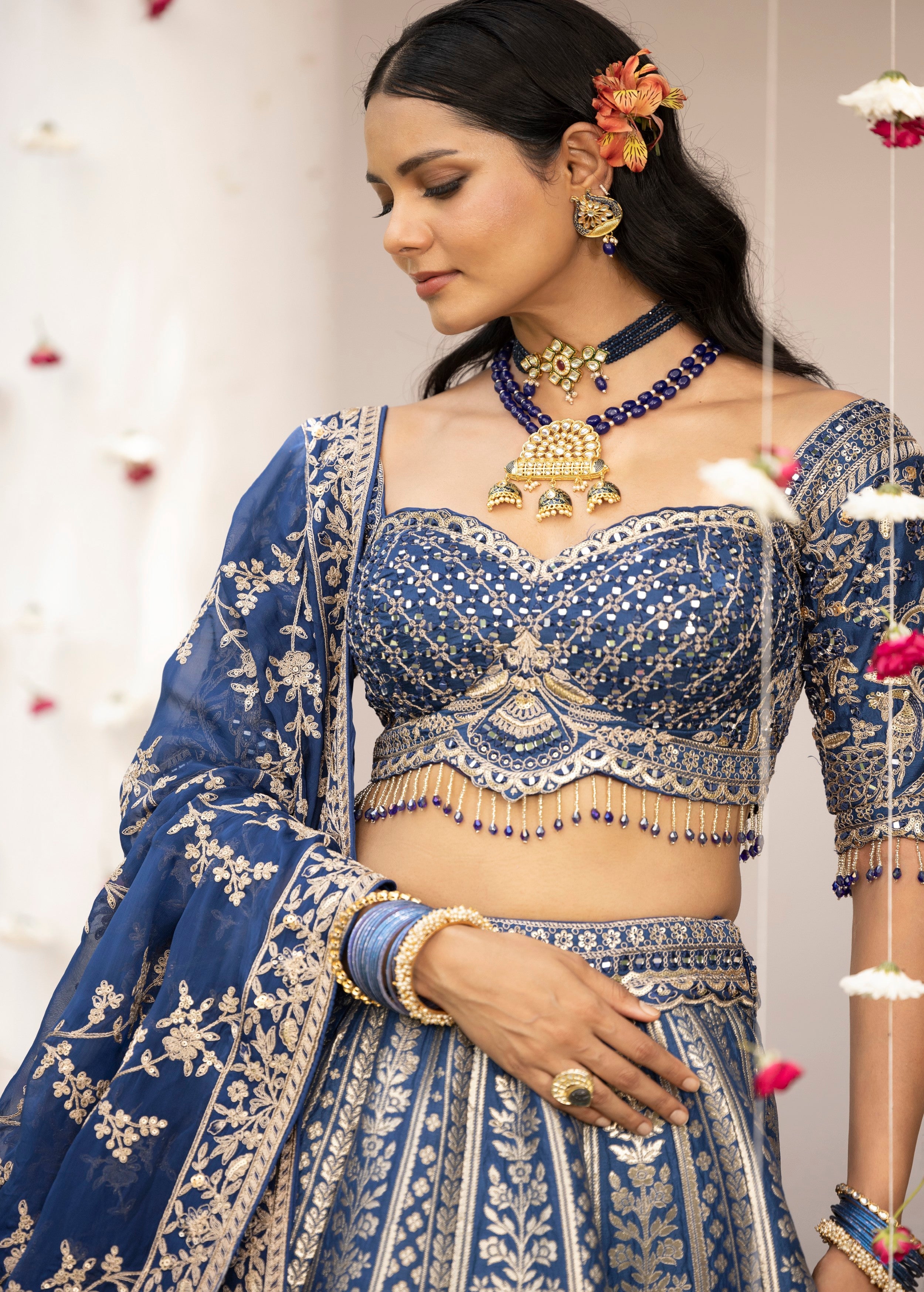 Cobalt Blue Embellished Banarasi Silk Lehenga Set