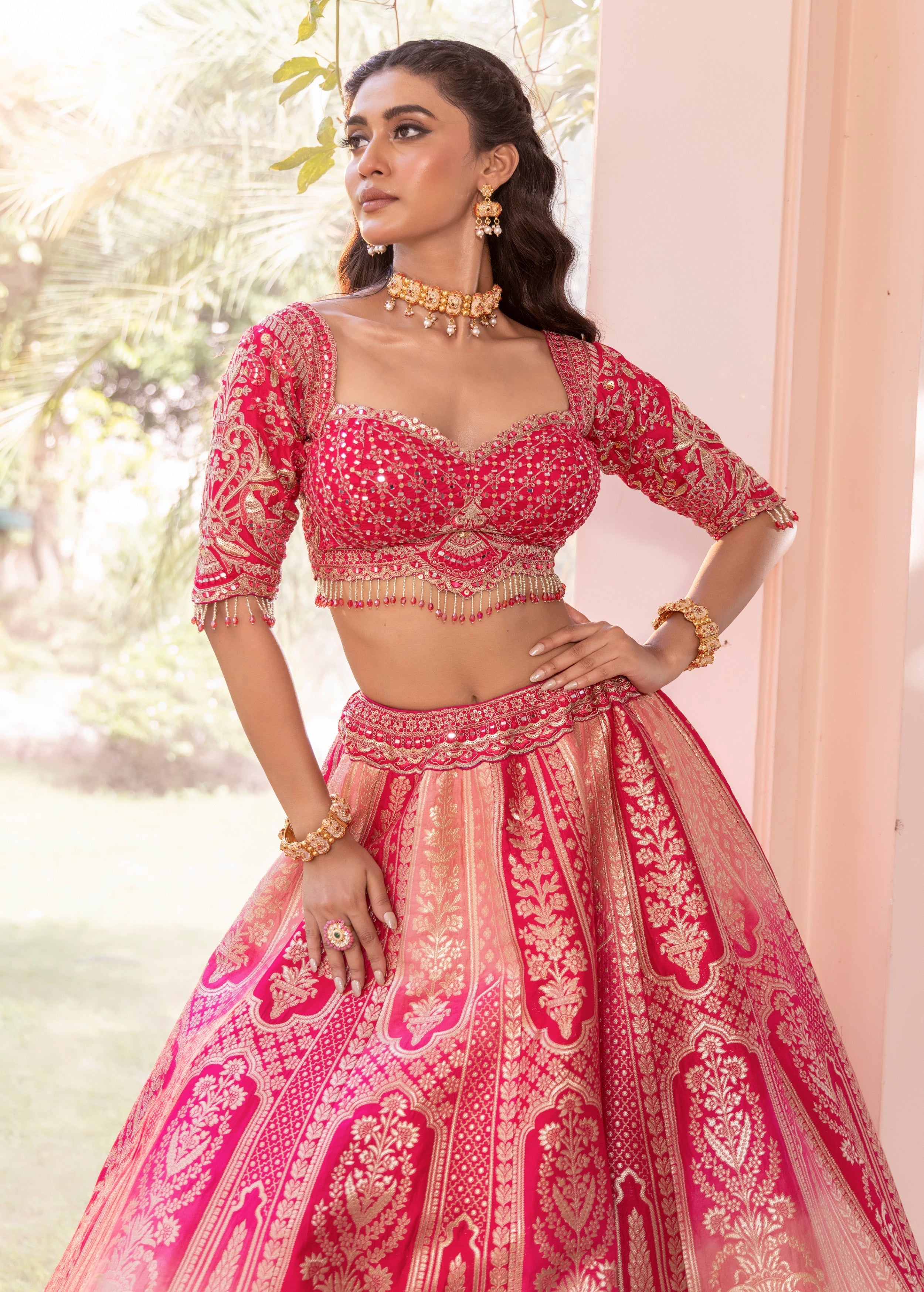 Royal Pink Embellished Banarasi Silk Lehenga Set
