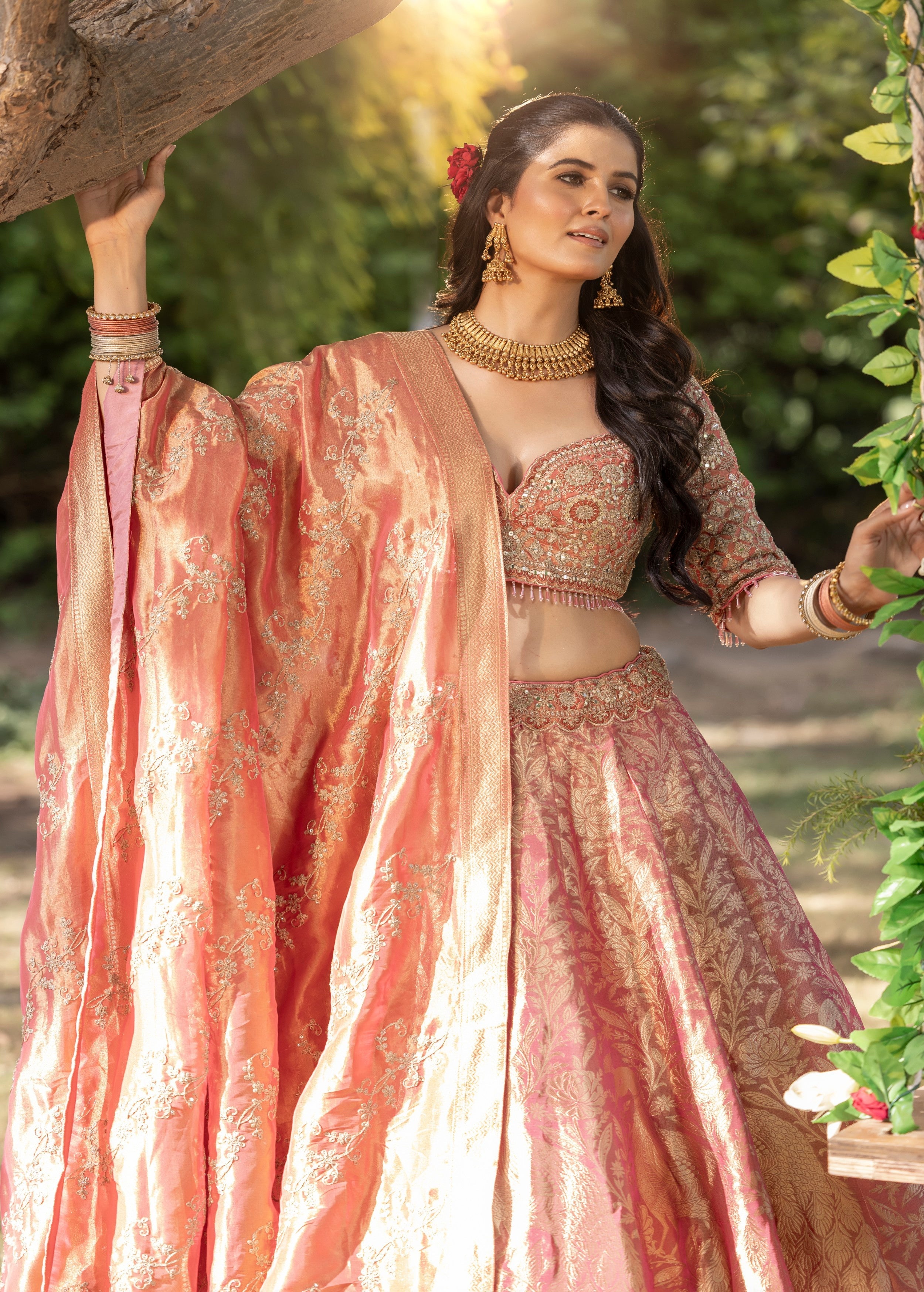 Sunlit Peach Embellished Banarasi Silk Lehenga Set