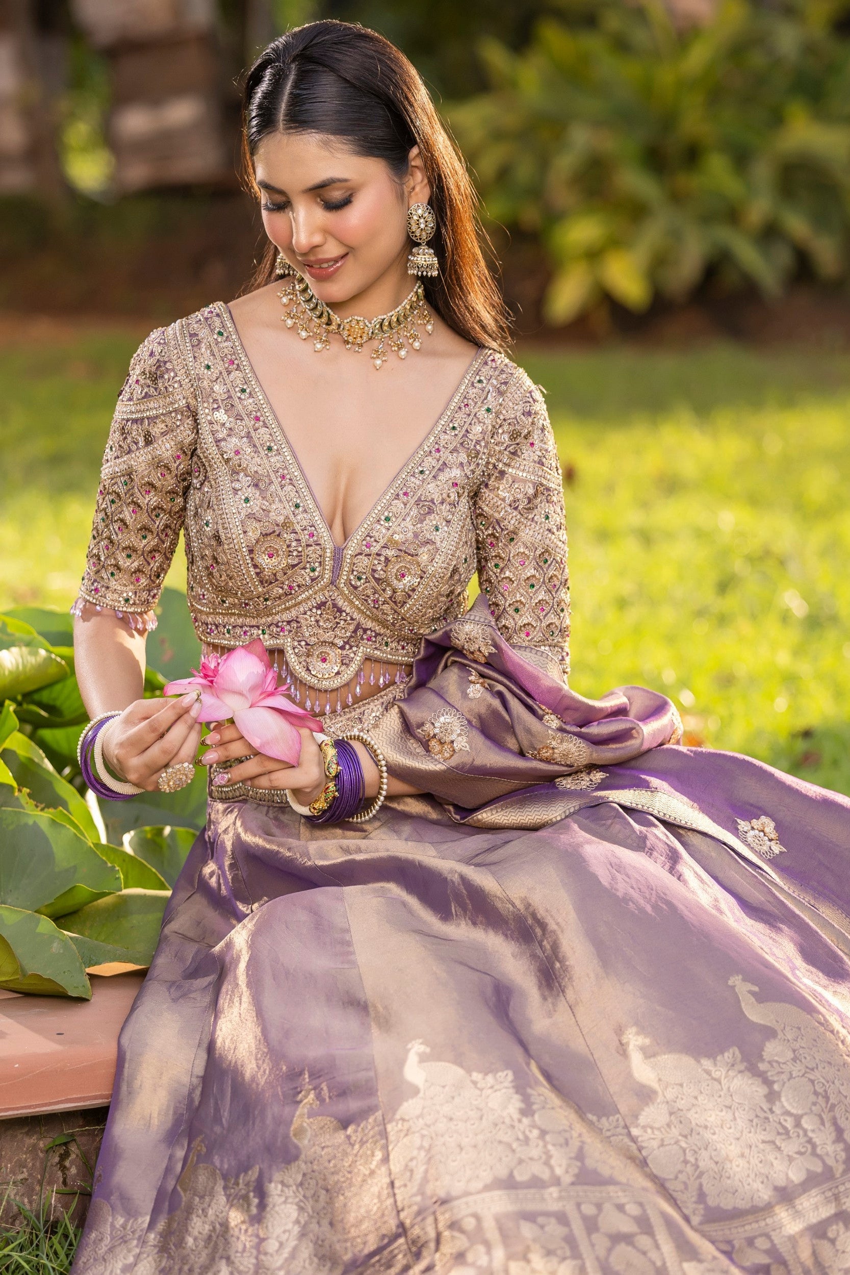 Soft Lilac Embellished Banarasi Silk Lehenga Set