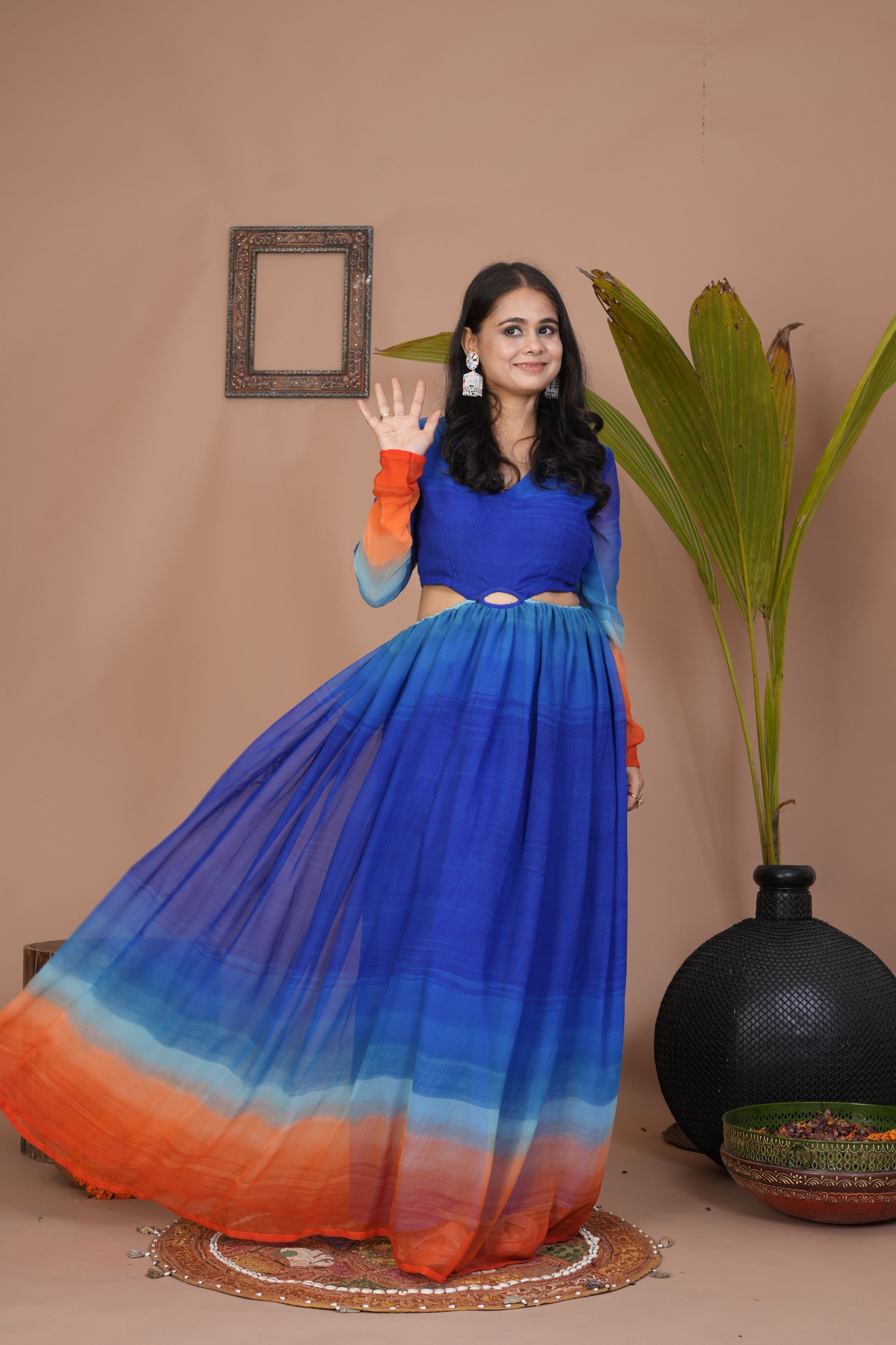 Blue Ombre-Dyed Georgette Silk Maxi Dress