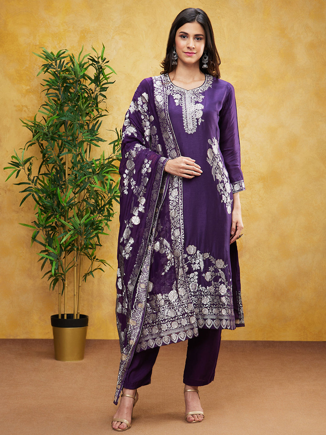 Purple Embroidered Brocade Silk Pants Set