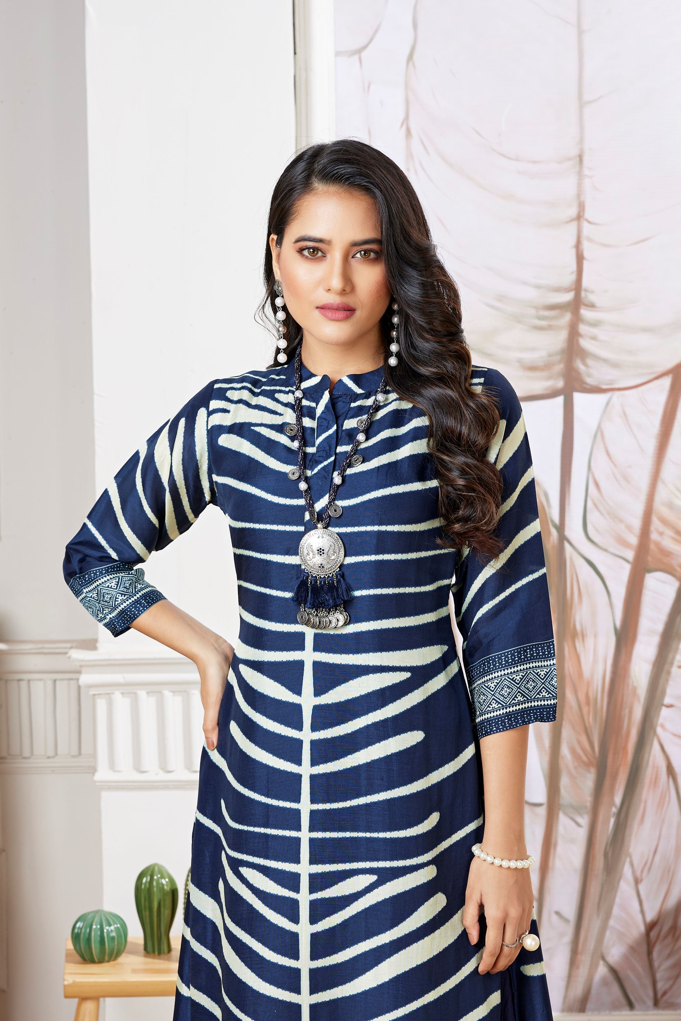 Blue Striped Printed Muslin Silk Kurta Pant Set