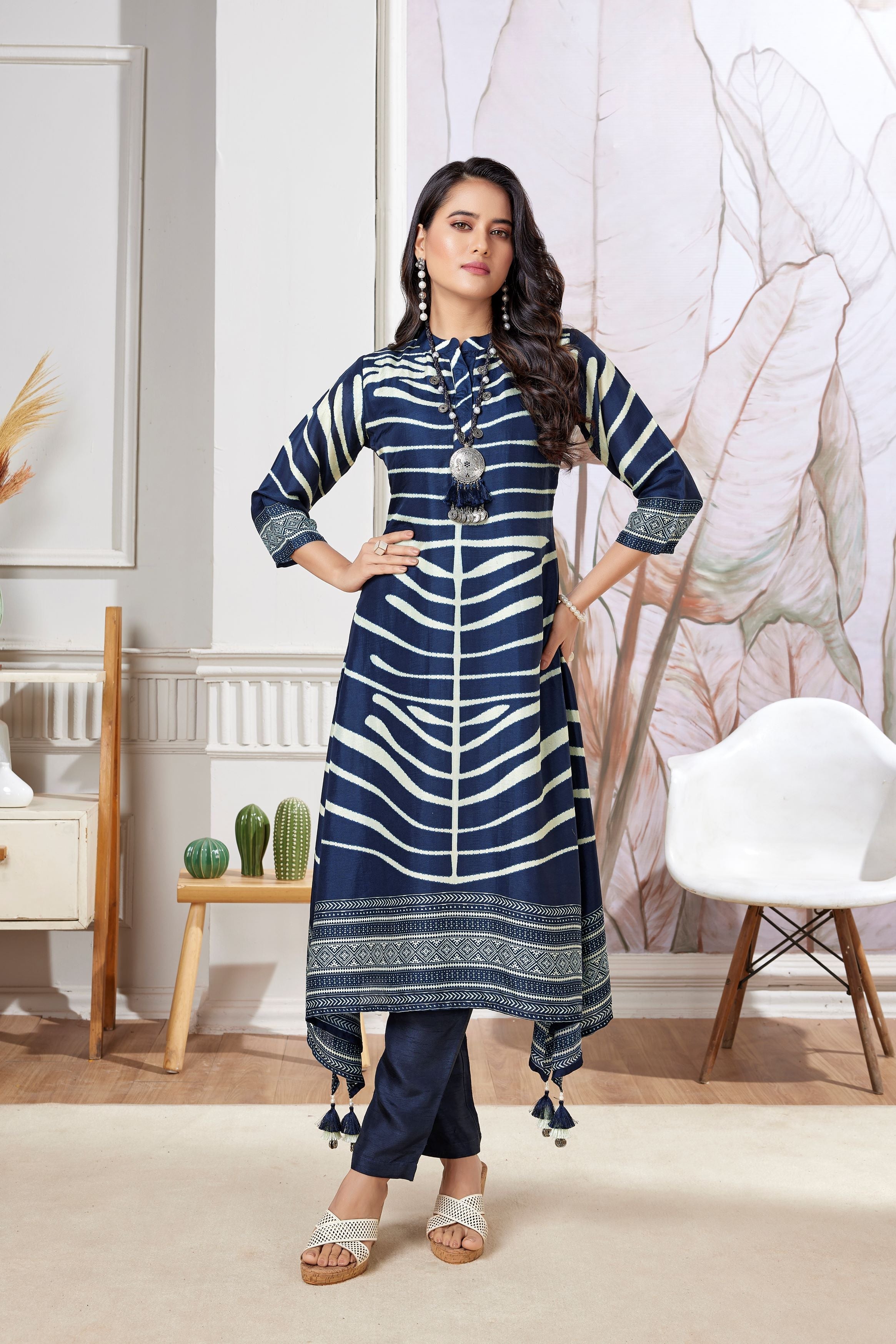 Blue Striped Printed Muslin Silk Kurta Pant Set