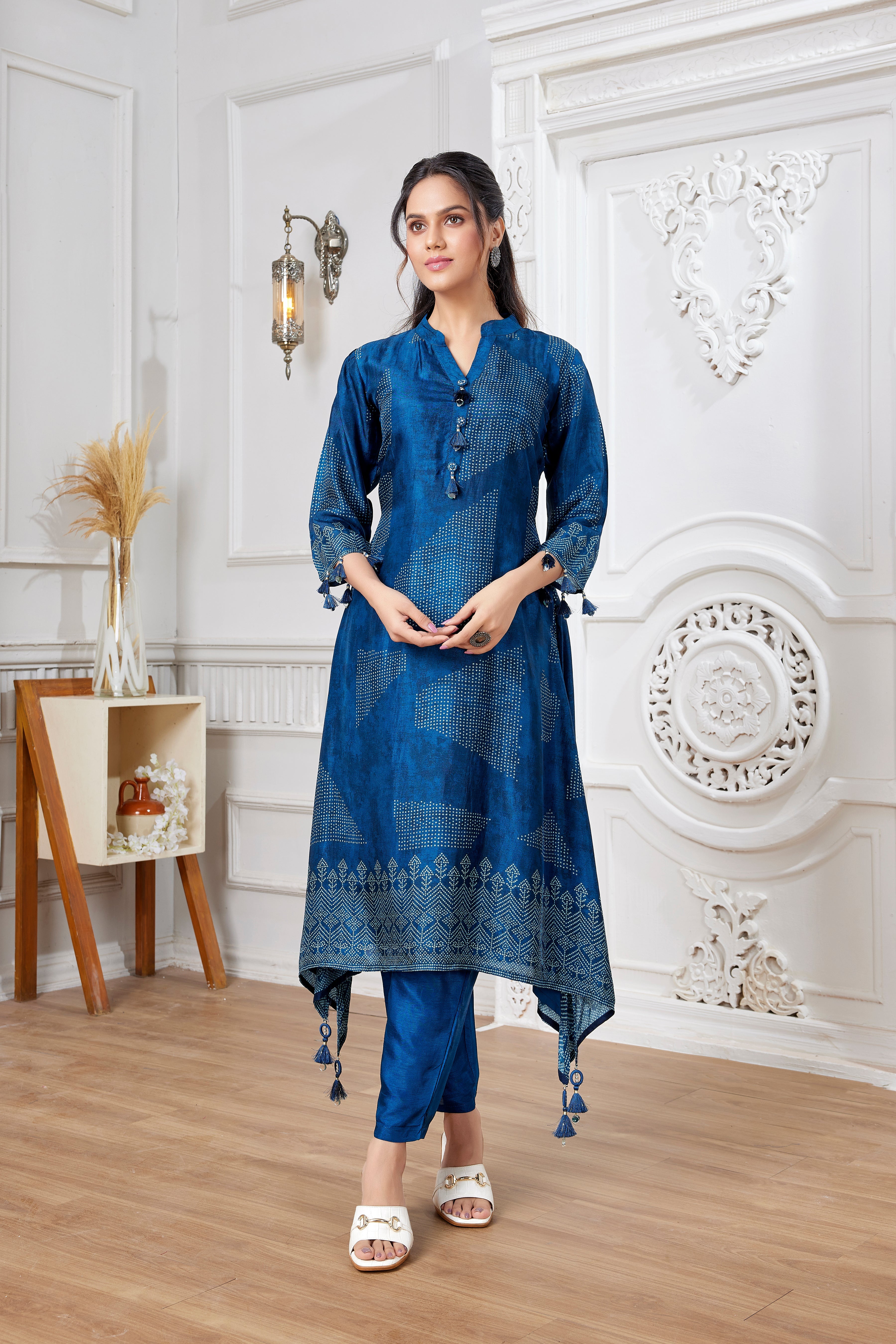 Blue Digital Printed Italian Silk Kurta Pants Set