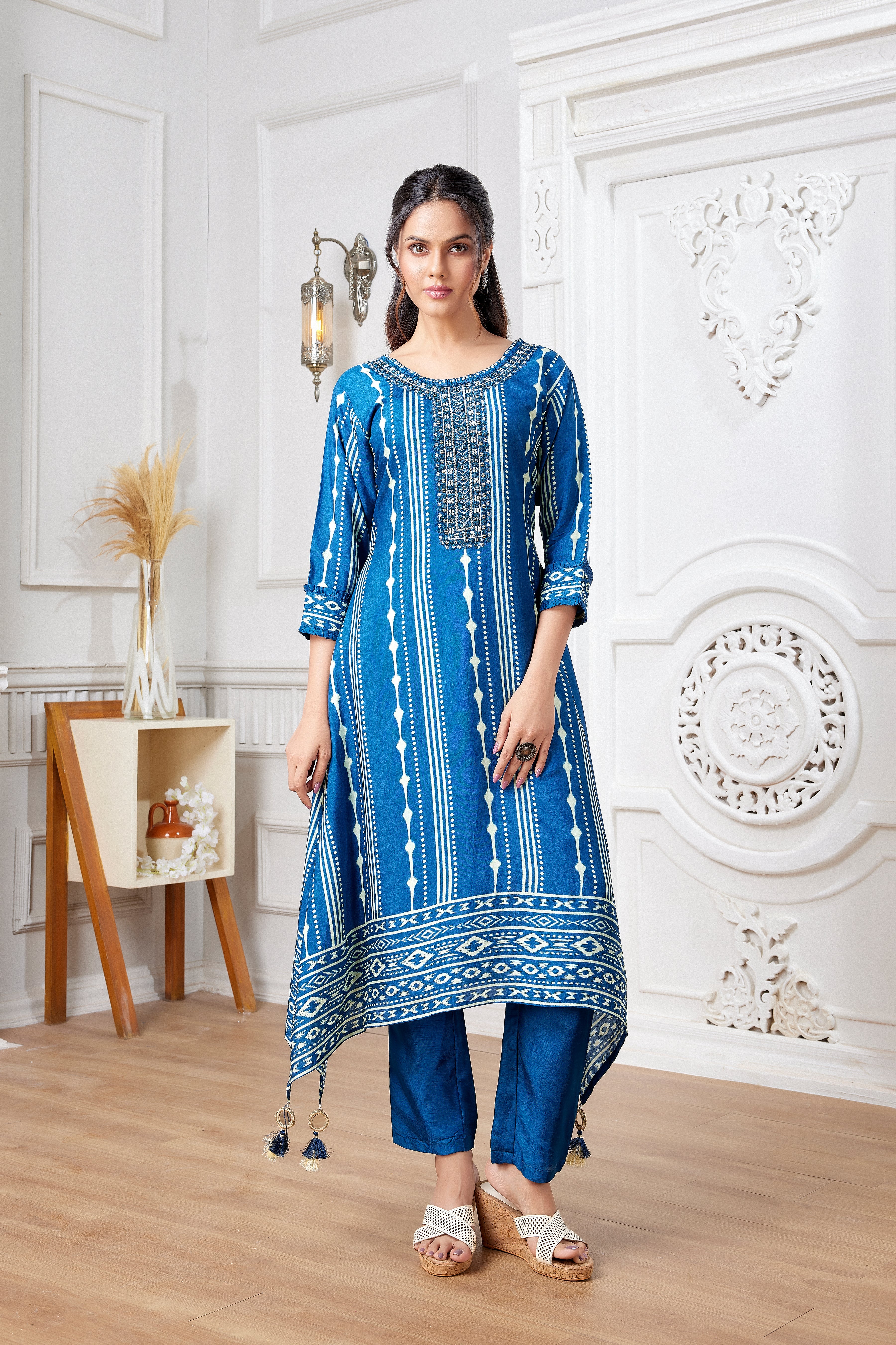 Blue Ethnic Printed Italian Silk Kurta Pants Set