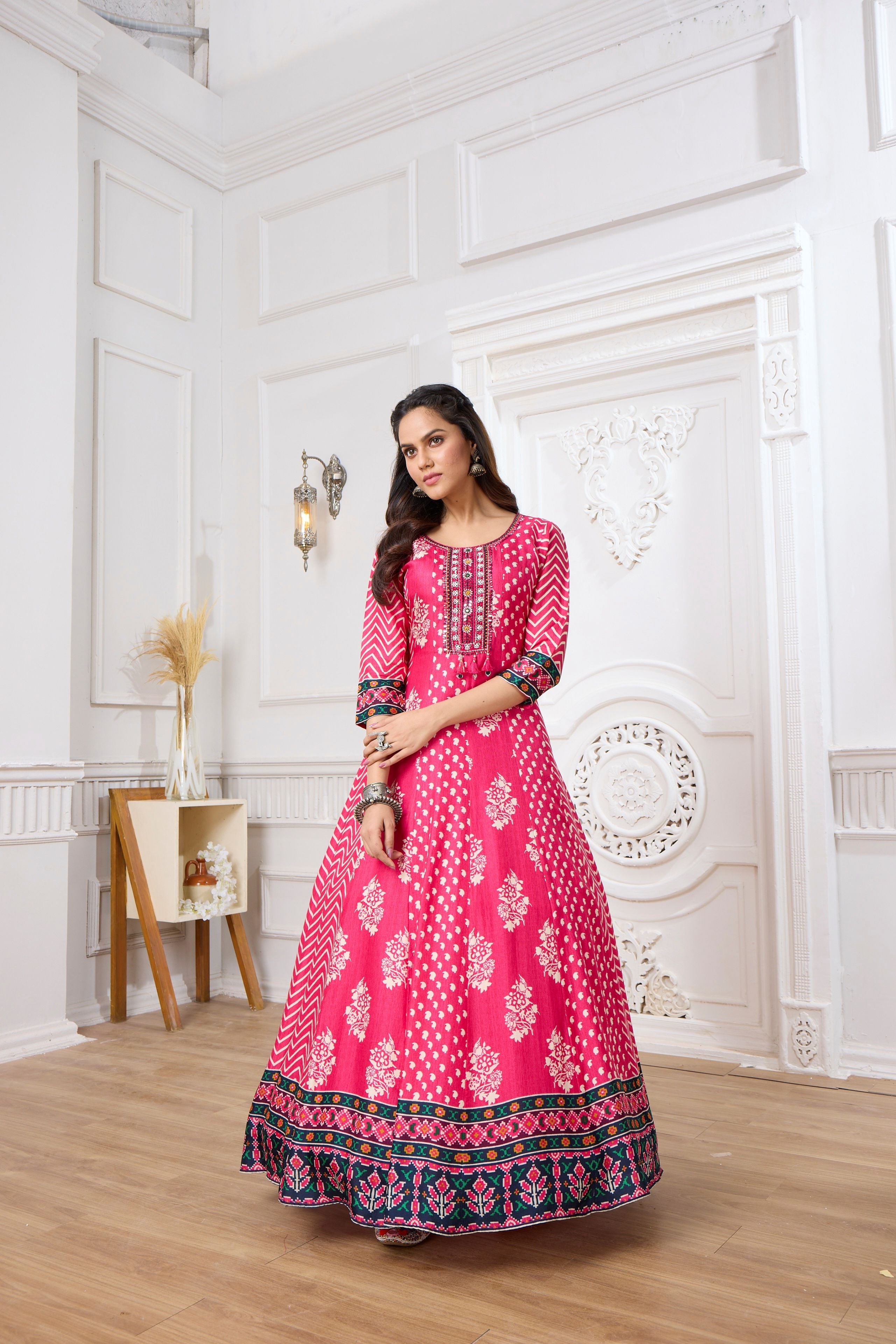 Pink Printed Premium Silk Anarkali Gown