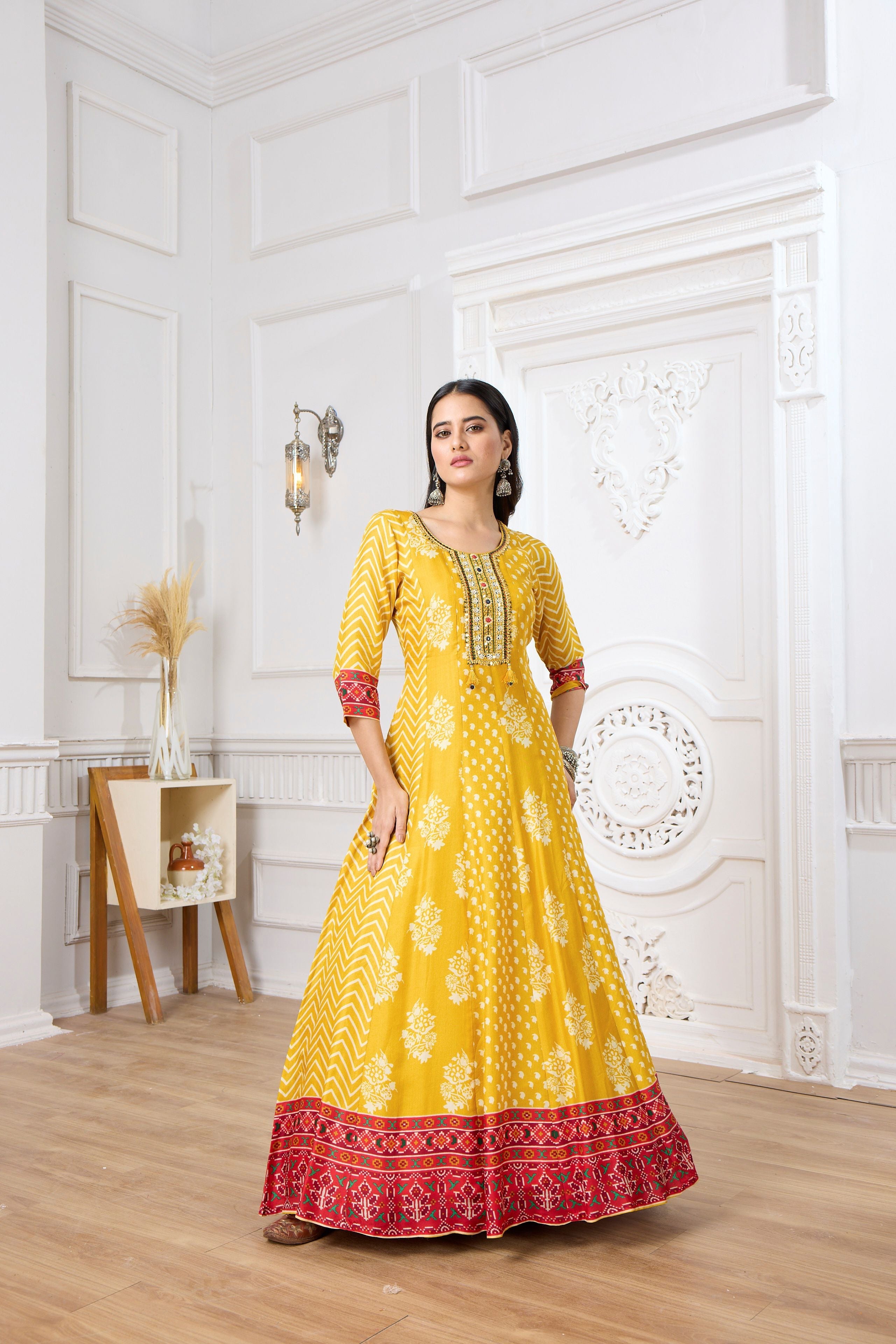 Yellow Printed Premium Silk Anarkali Set