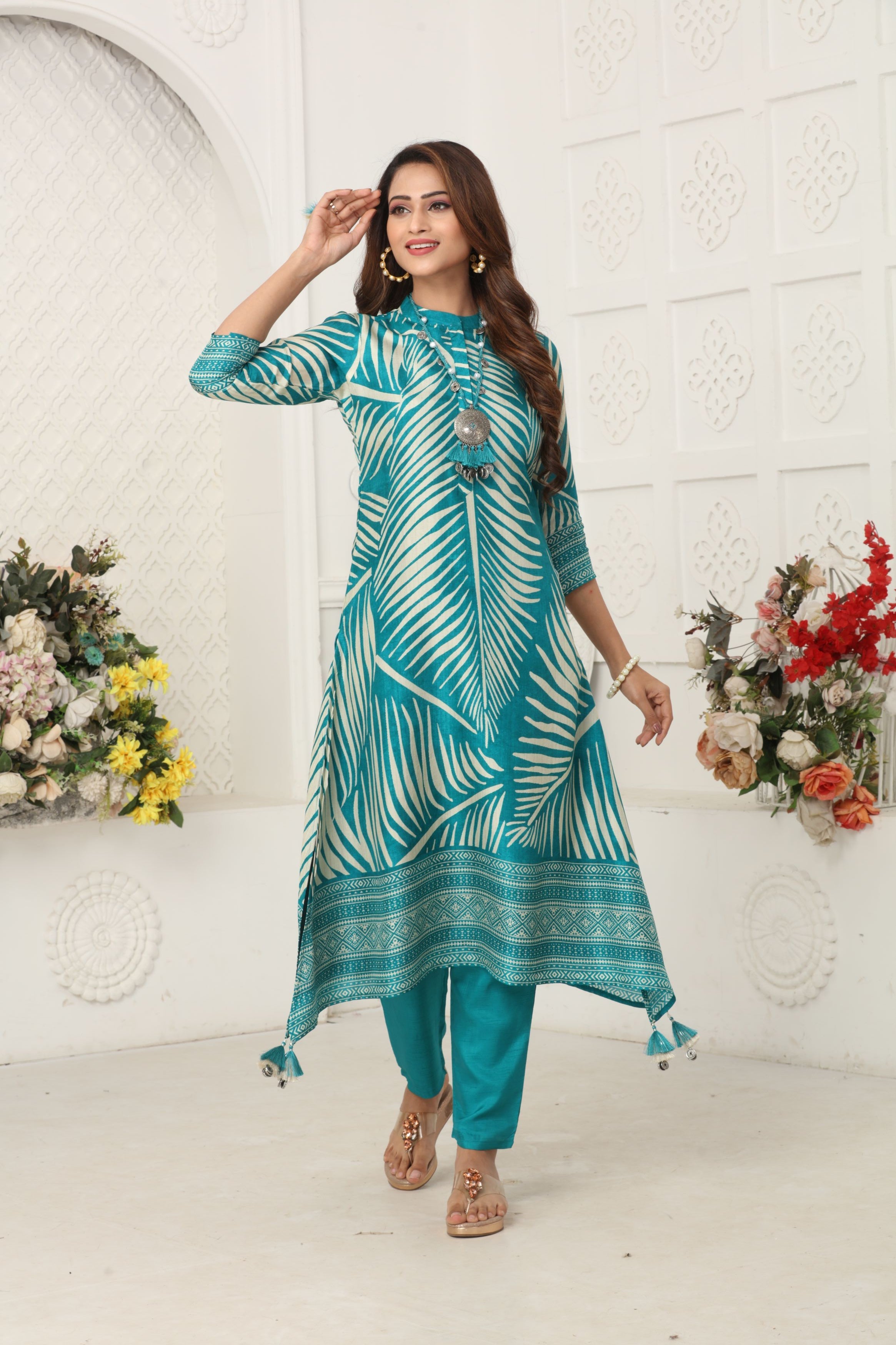 Pine Green Printed Muslin Silk Kurta Set