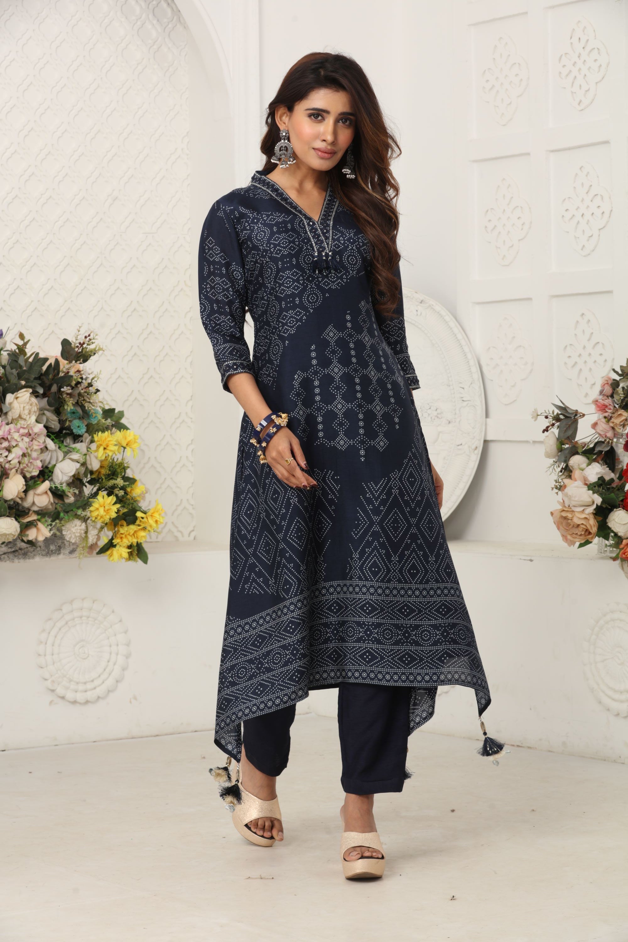 Blue Printed Premium Silk Kurta & Pants Set