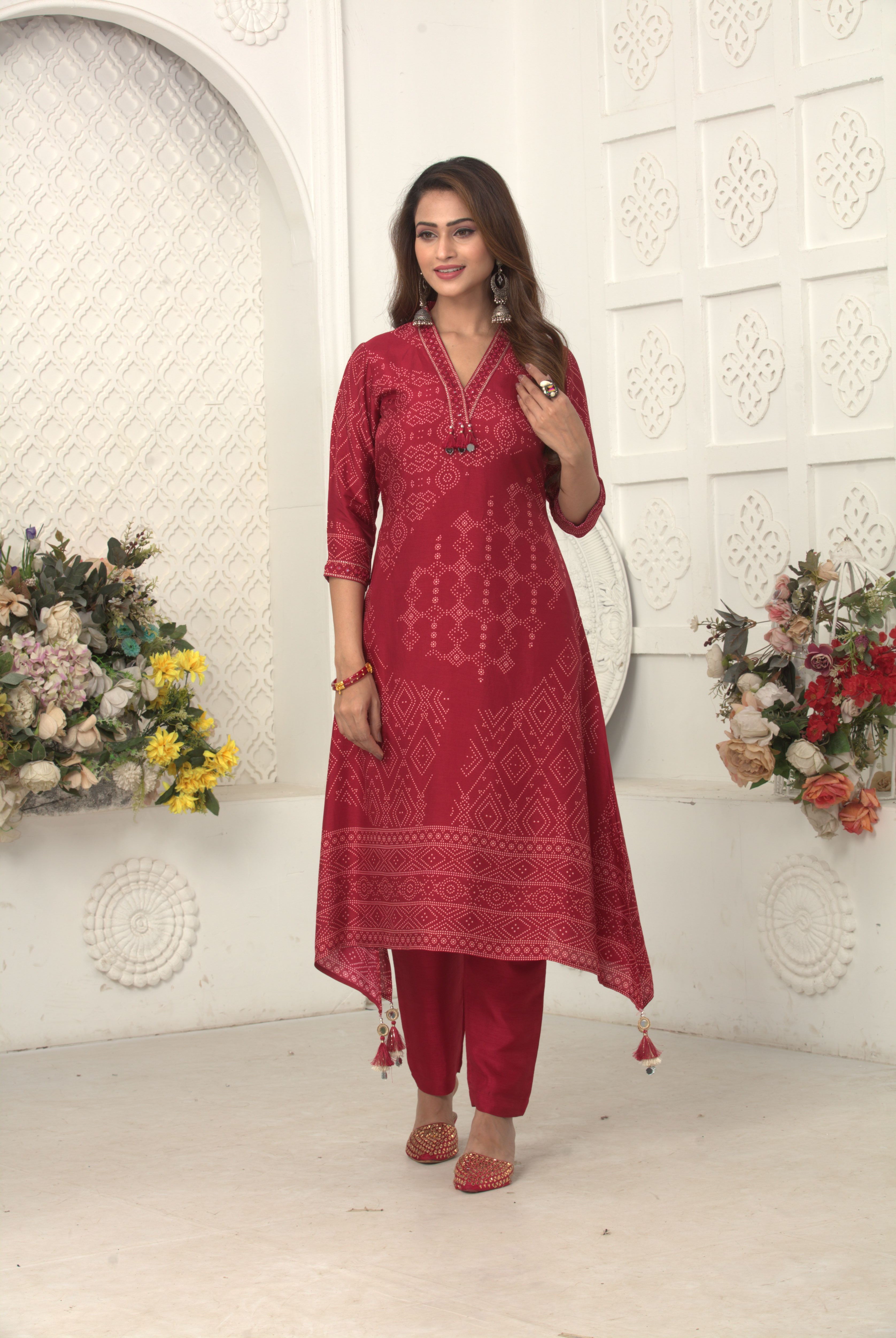 Scarlet Red Printed Premium Silk Kurta Set