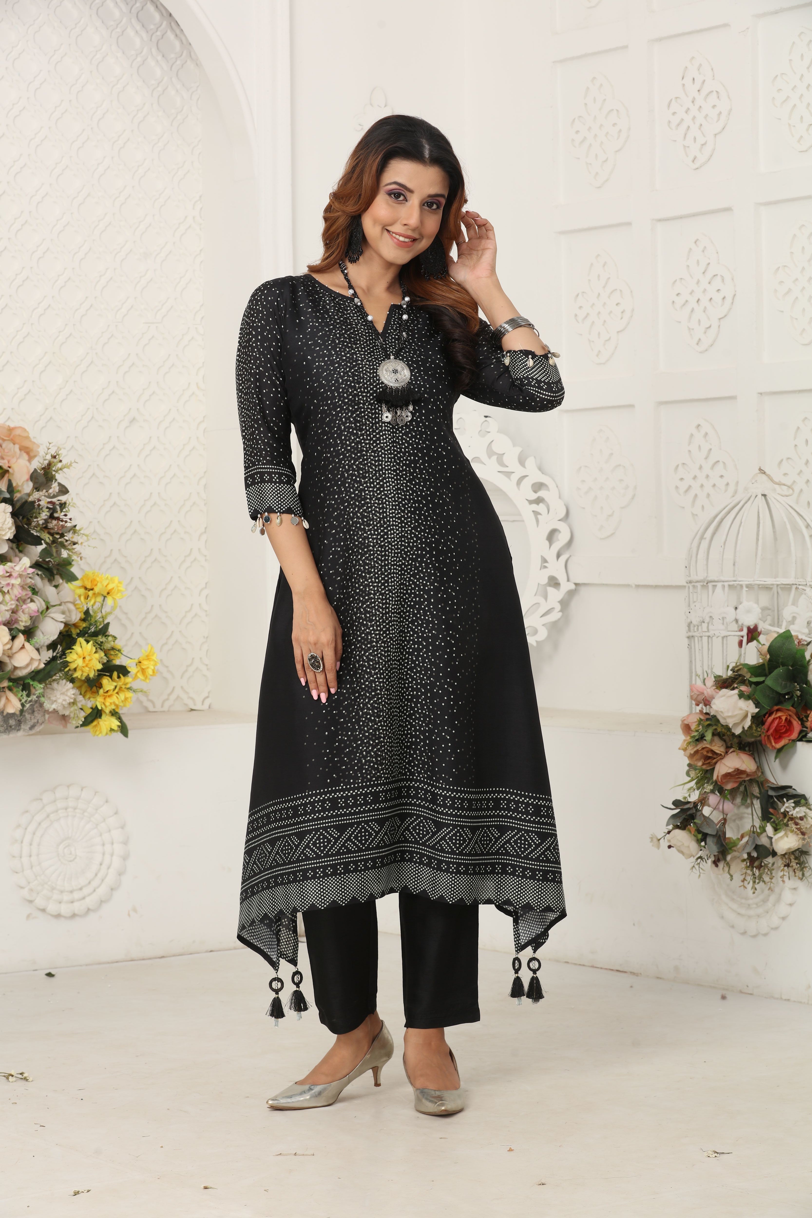 Black Printed Premium Silk Kurta & Pants Set