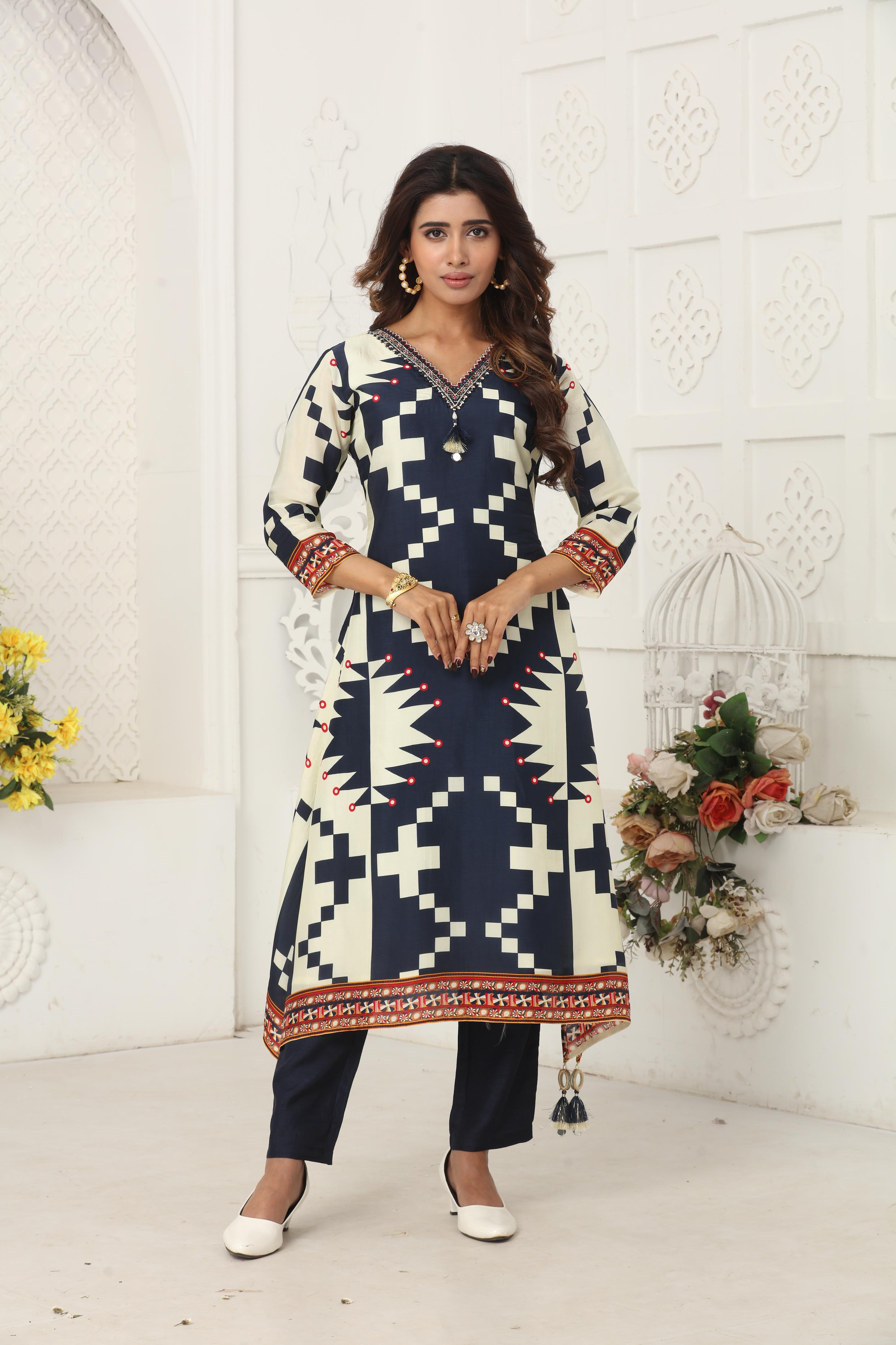 Blue Printed Premium Silk Kurta Set