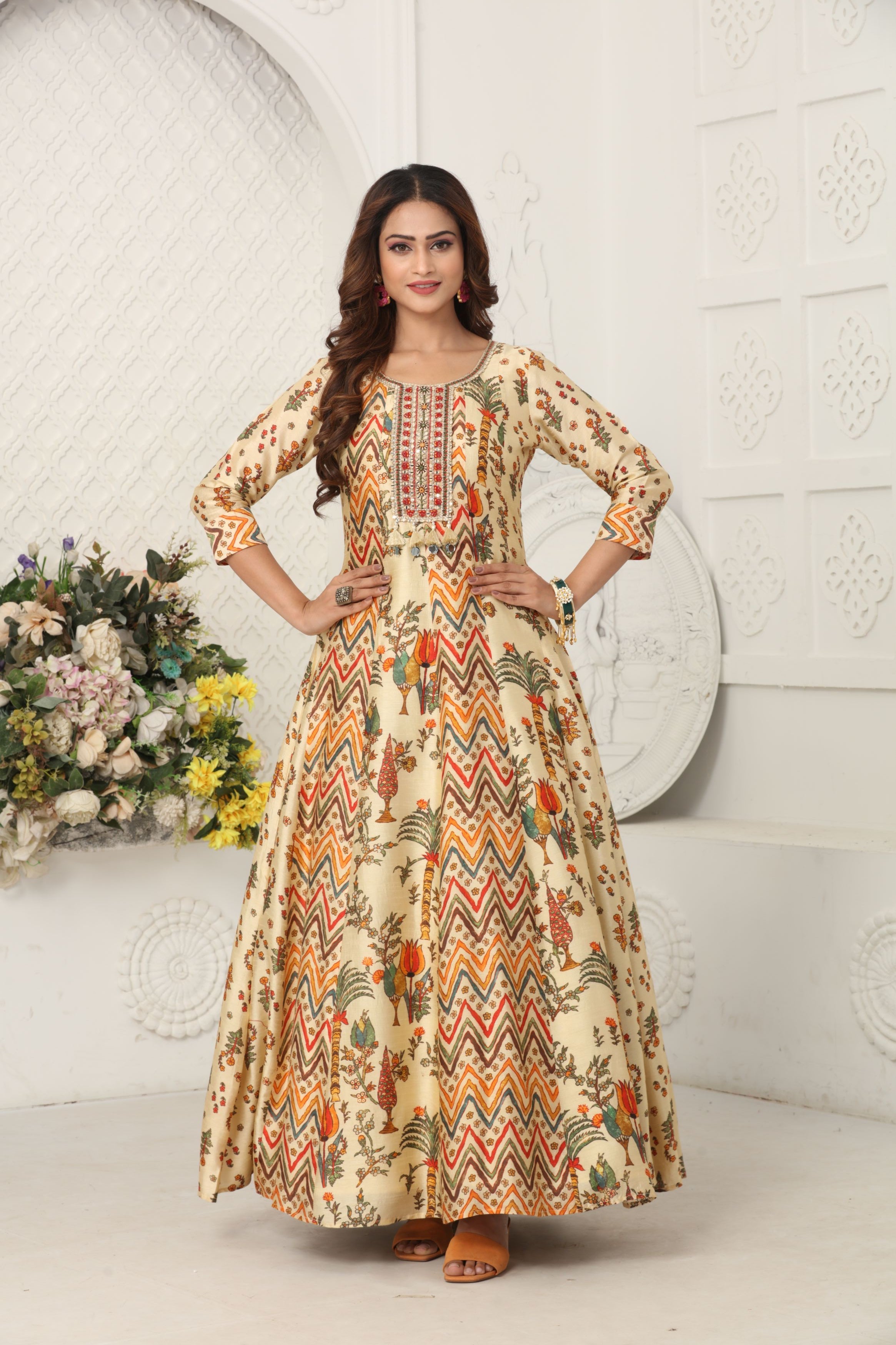 Beige Yellow Printed Premium Silk Anarkali Gown