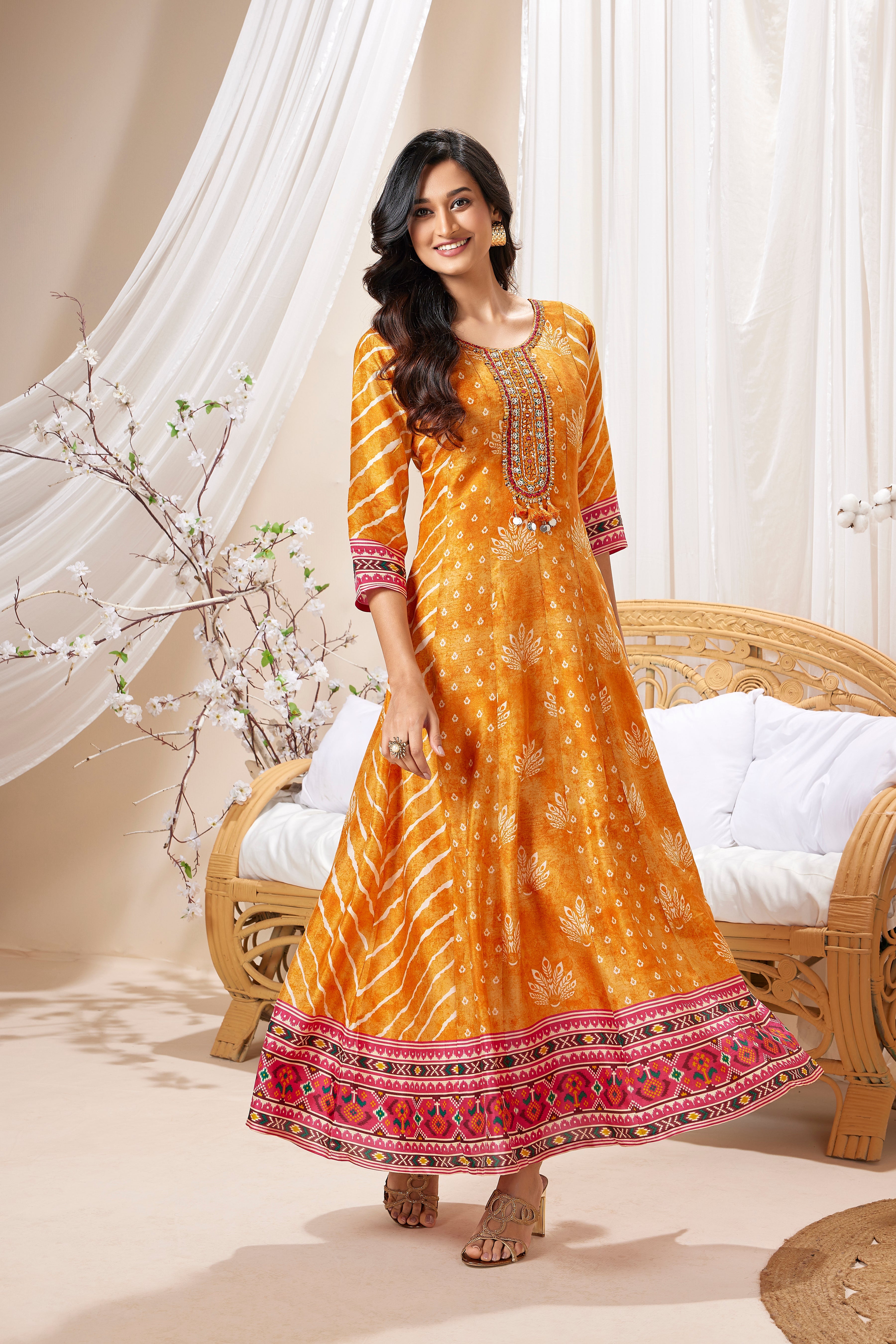 Orange Printed Muslin Silk Anarkali Set