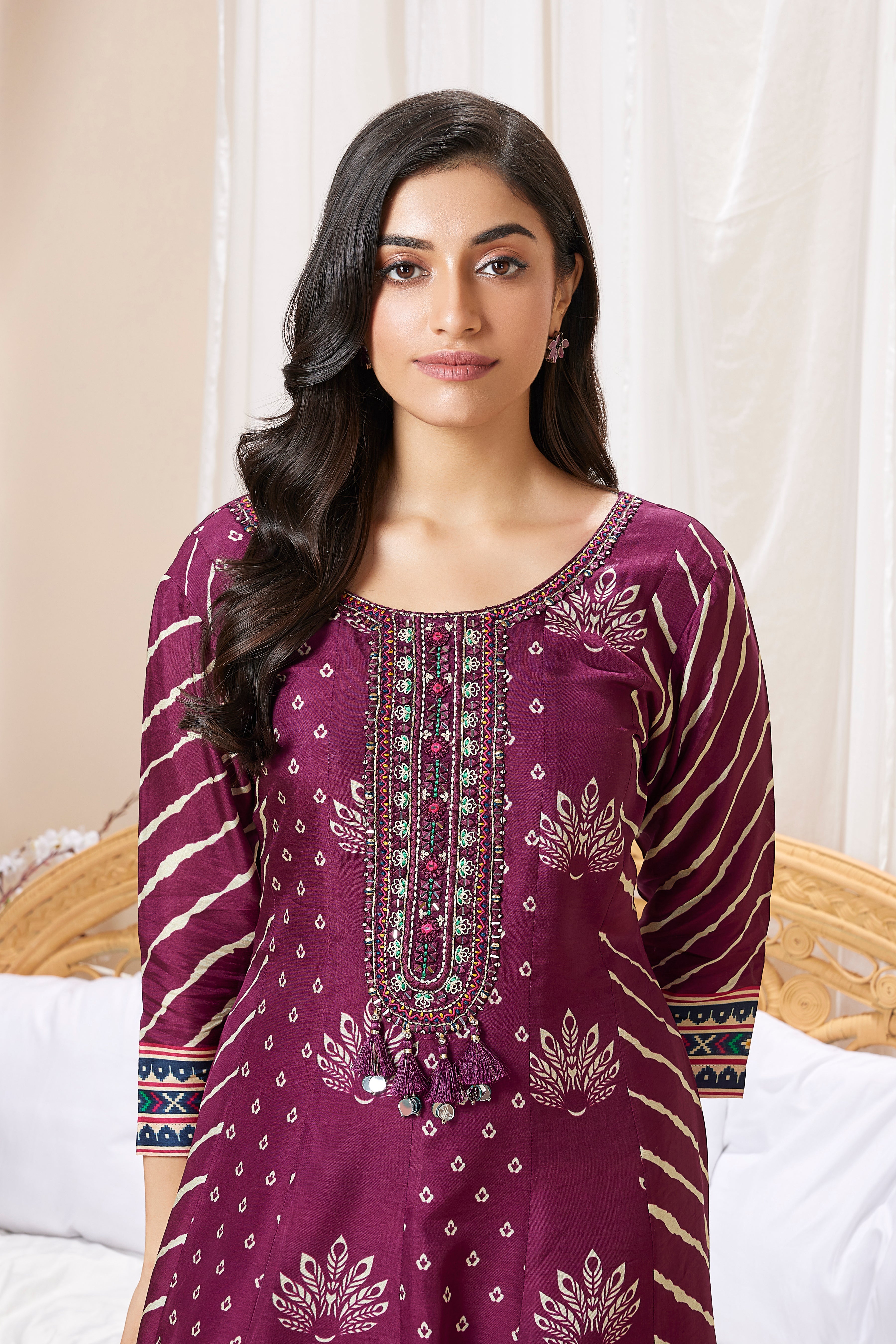 Wine Purple Printed Muslin Silk Anarkali Set