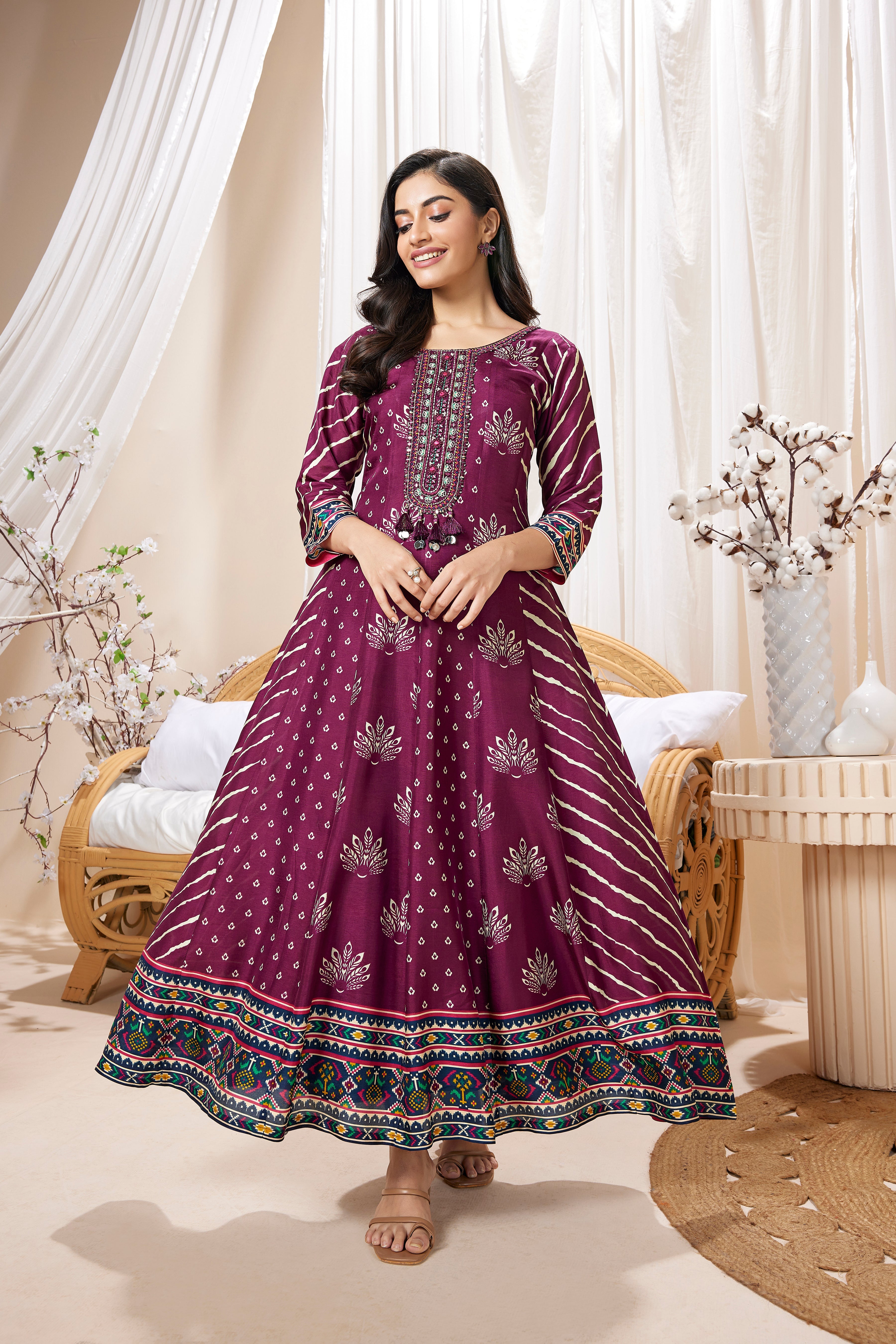 Wine Purple Printed Muslin Silk Anarkali Set