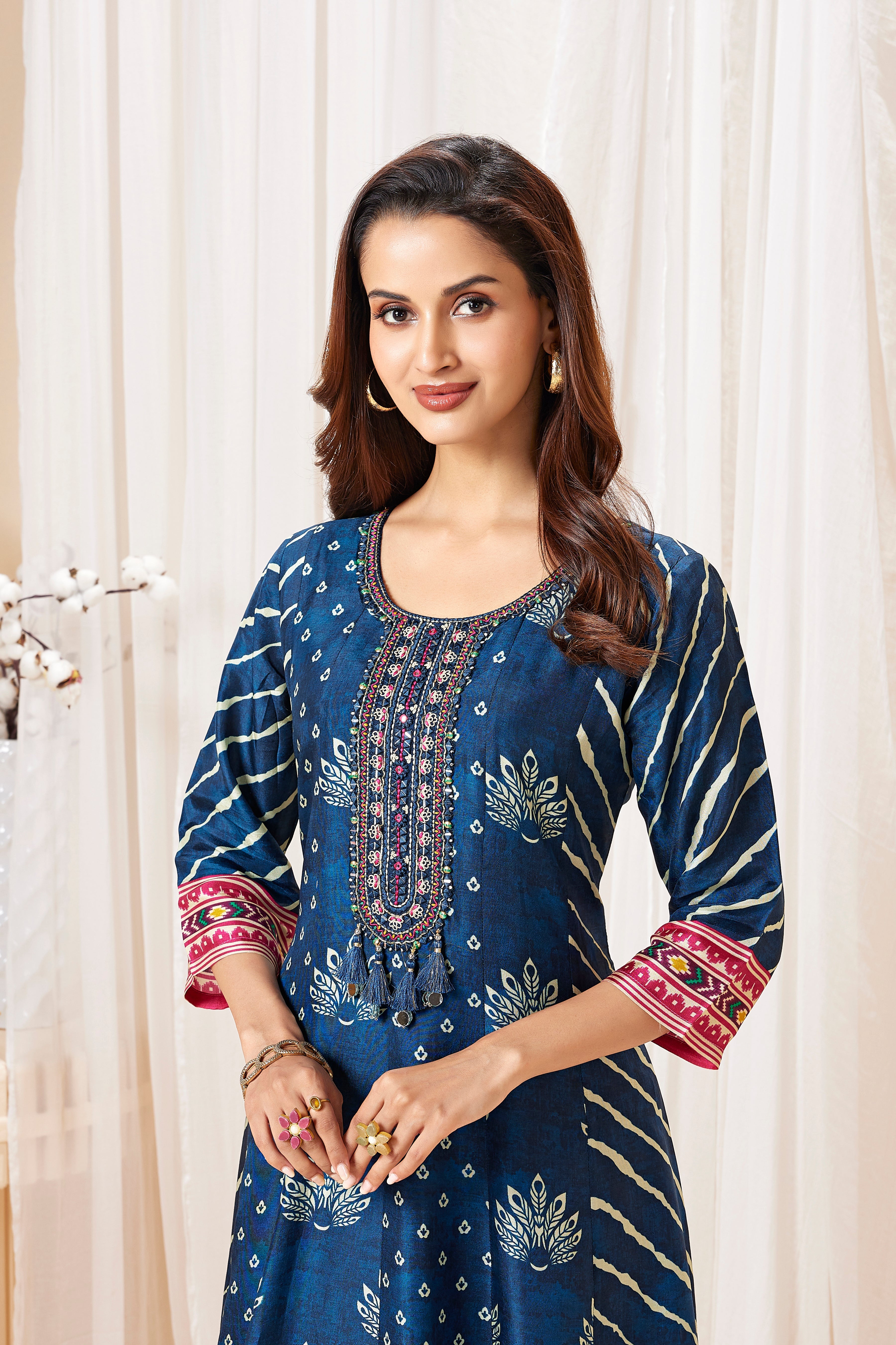 Deep blue Printed Muslin Silk Anarkali Set