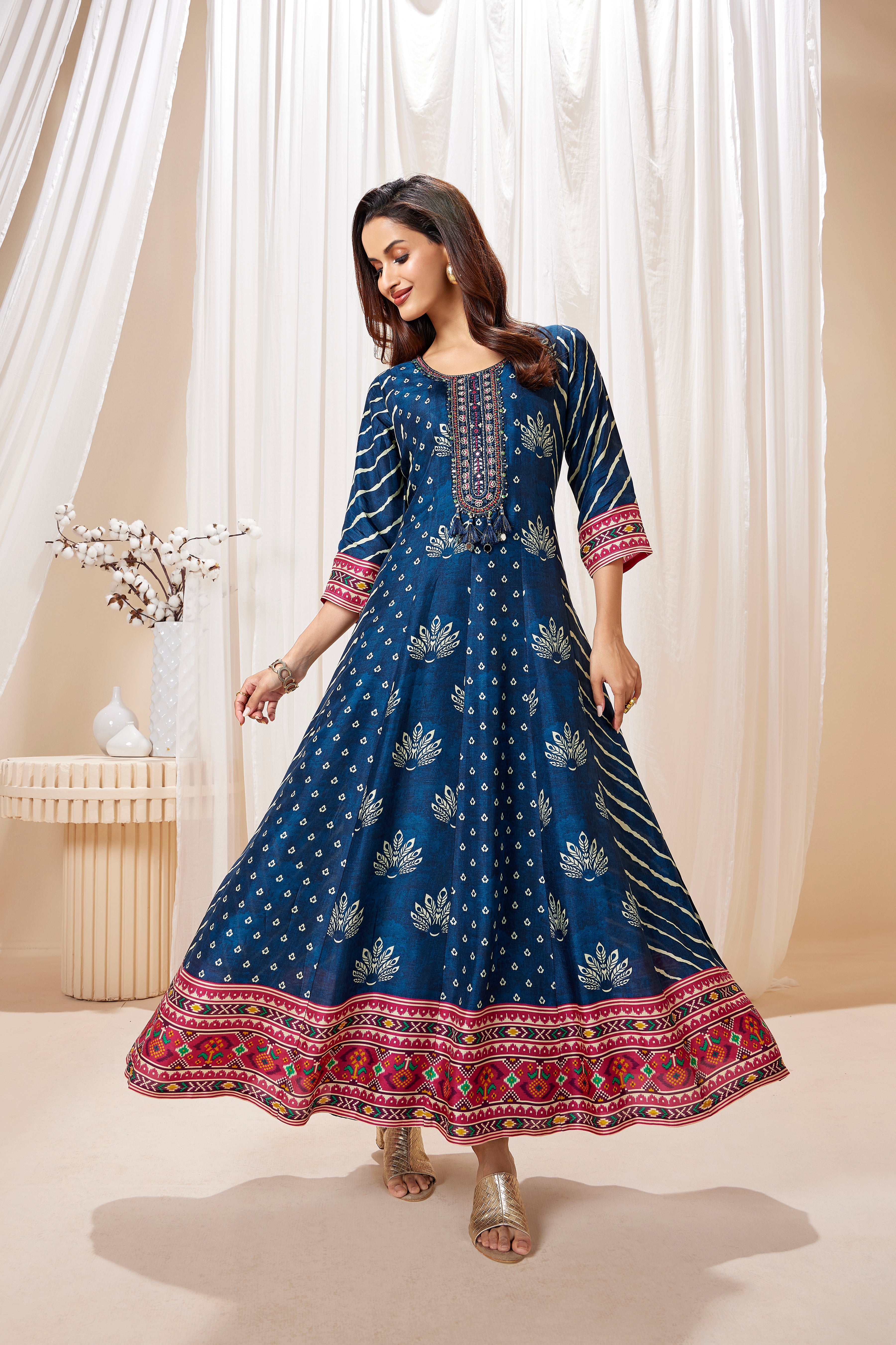 Deep blue Printed Muslin Silk Anarkali Set