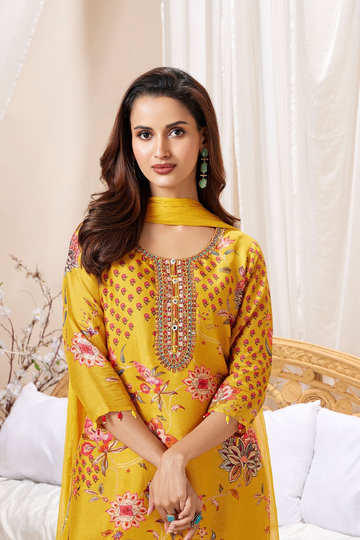 Yellow Floral Printed Muslin Silk Sharara Set
