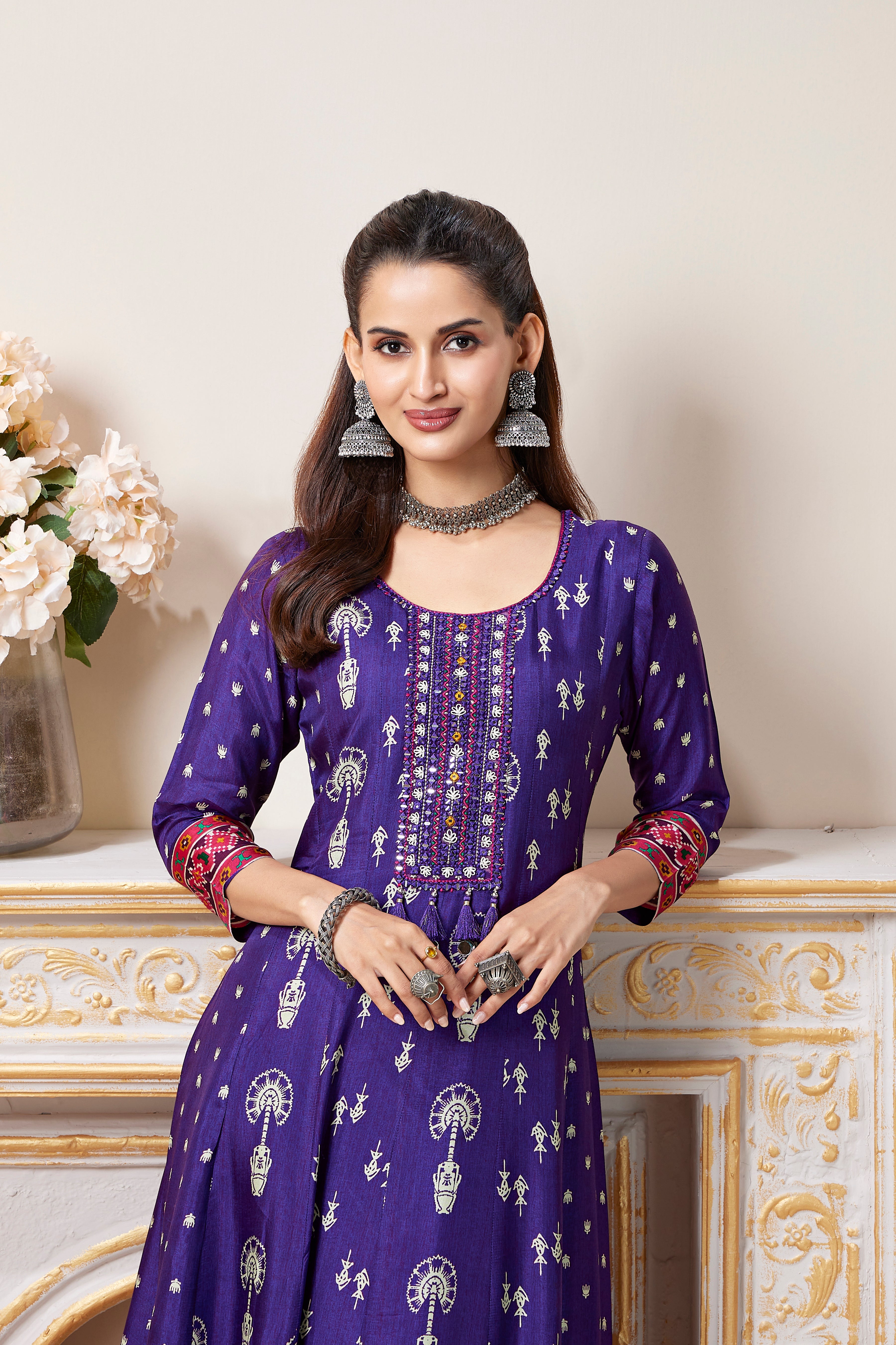Plum Purple Printed Muslin Silk Anarkali Set